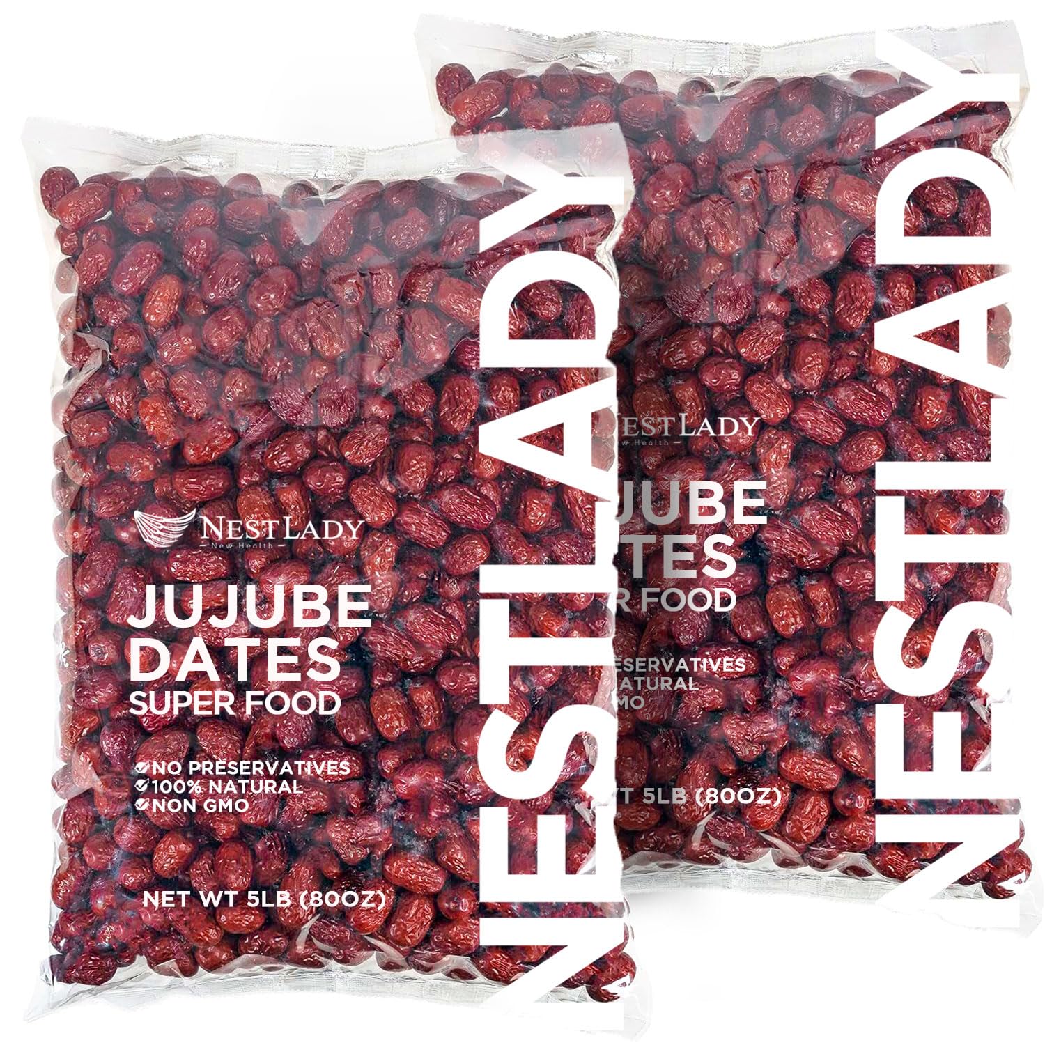 NESTLADY Premium Jujube Date, Red Date, (Hong Zao), 红枣, 100% Natural, Improve sleep, Health Snack, Dried Fruit, Sweet and Chewy Net weight: 5LB (2 Packs, 10LB in Total), Packed in USA