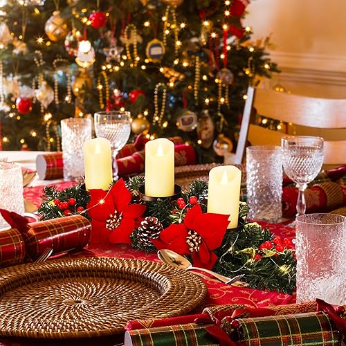 Miniatura 6 de 2 piezas de decoración de mesa de Navidad con 6 luces LED artificiales, funciona con pilas, candelabros triples para Navidad, para comedor, cocina,