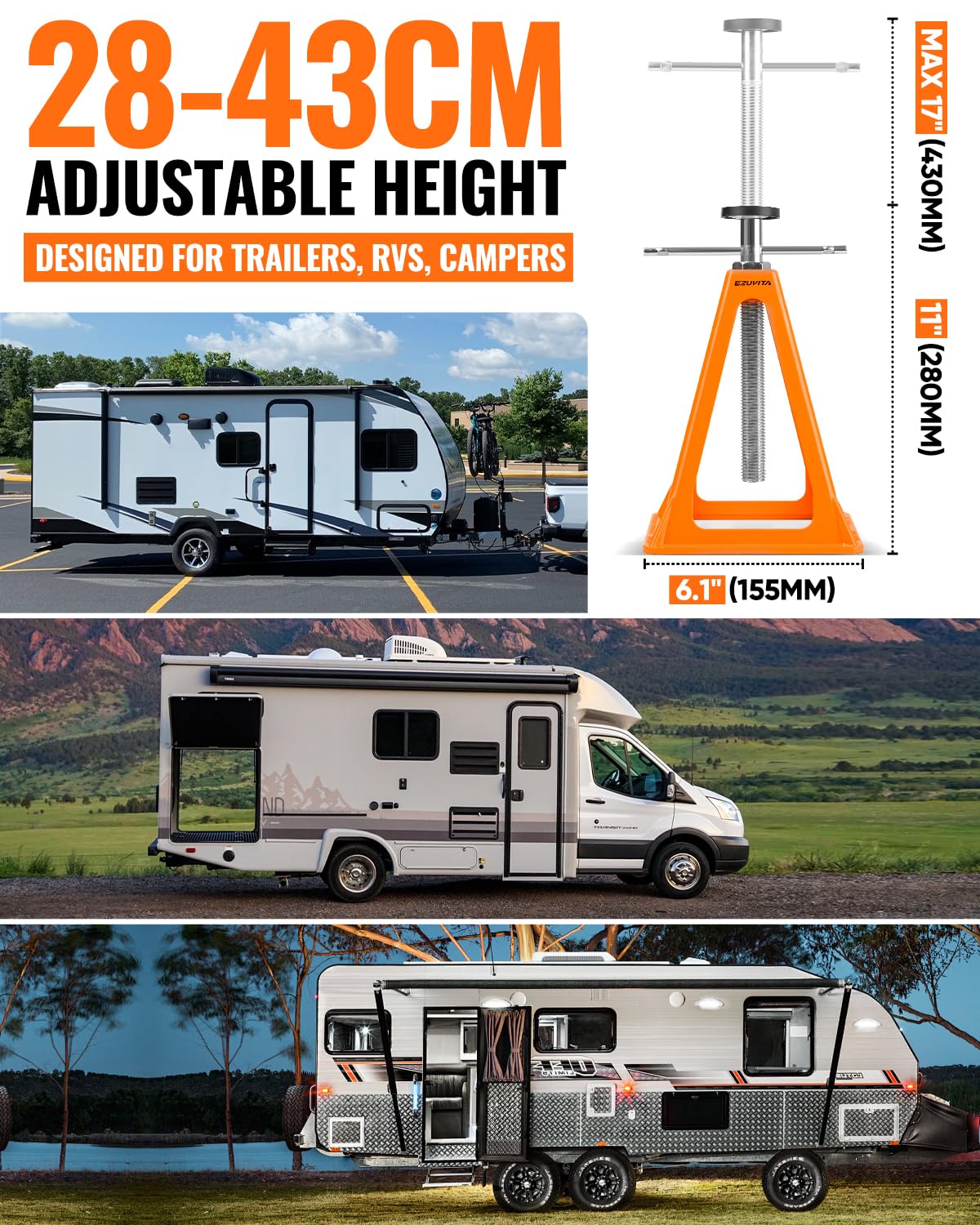 Alu Stützböcke 4er Set für Wohnwagen, 28-43cm Orange | Gegossenes Aluminium, 28-43 cm höhenverstellbar, 12 t Gesamttragkraft, für Wohnwagen, Camper und Wohnmobil