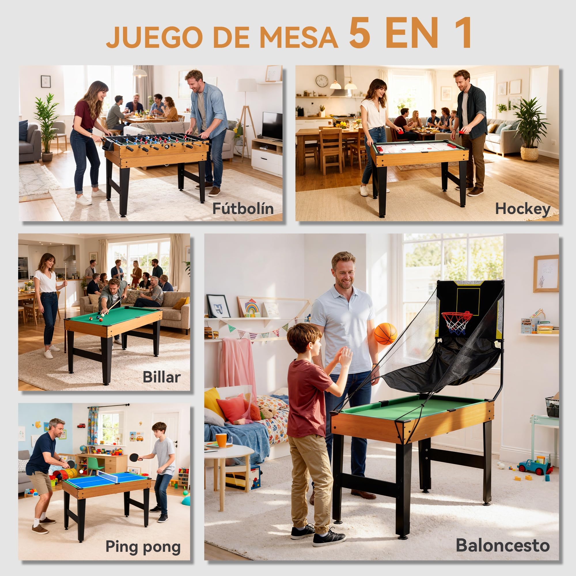 SPORTNOW Mesa Multijuegos 5 en 1 Adultos 134x108x144 cm Natural y Negro