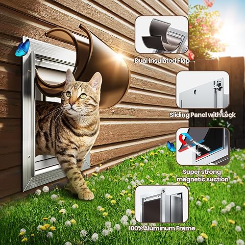 Miniatura 3 de Puerta de gato para pared, puerta pequeña para mascotas, puerta resistente para perros, marco de aluminio, 2 solapas magnéticas, eficiencia