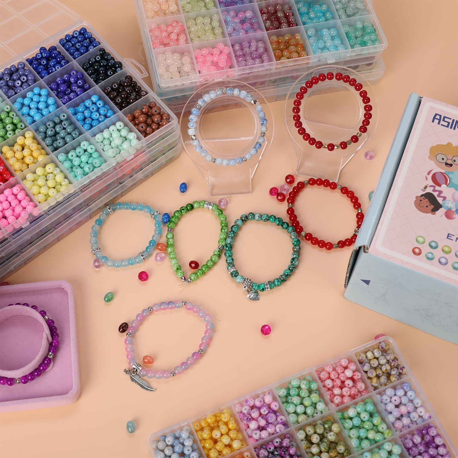 Kit de cuentas de vidrio para hacer joyas, juego de 3 cajas de 24 colores cada uno, 3000 cuentas redondas coloridas para manualidades, pulseras, collares, aretes, llaveros, cuentas de cristal