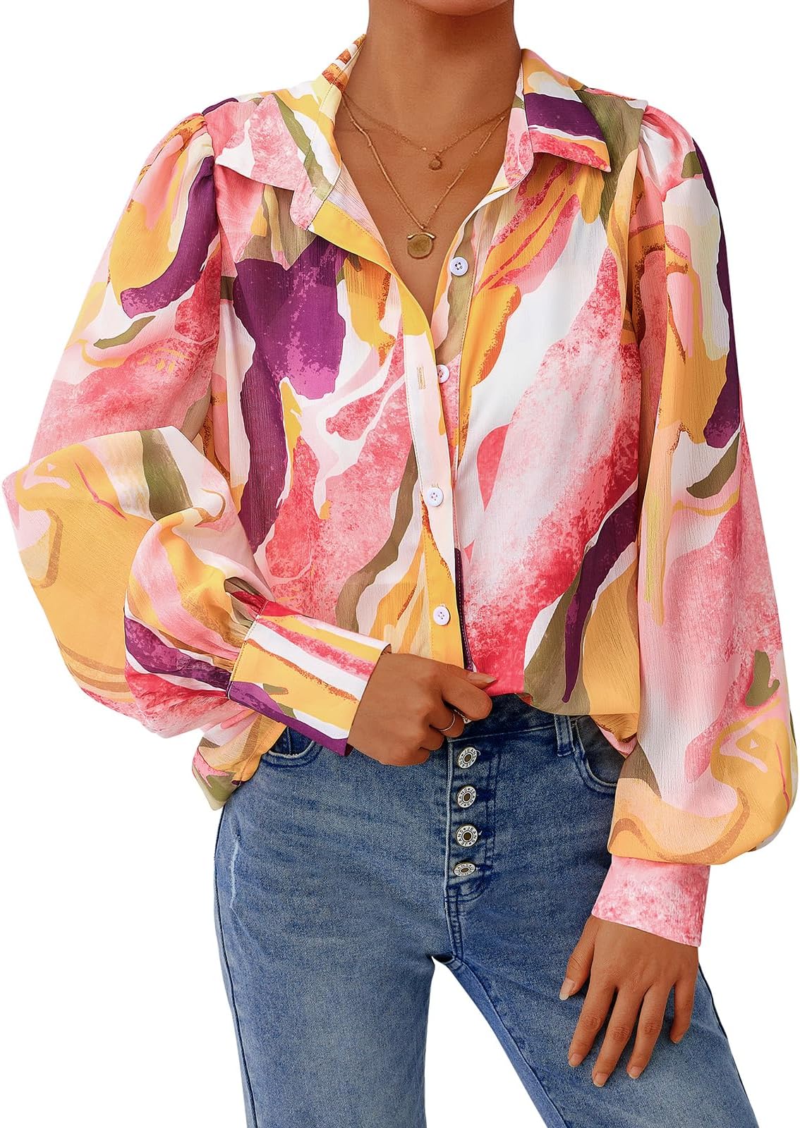 Women's Floral Blouses Dressy Casual V Neck Button Down Shirts Lantern Long Sleeve Boho Chiffon Spring Tops 2026