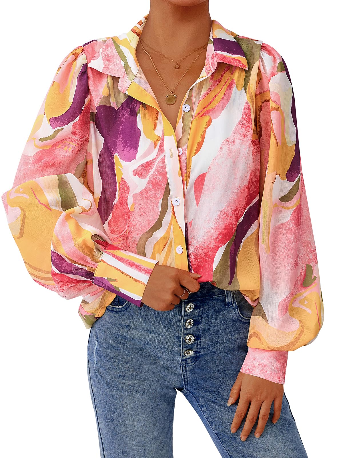 PRETTYGARDEN Women's Floral Blouses Dressy Casual V Neck Button Down Shirts Lantern Long Sleeve Boho Chiffon Fall Tops 2025