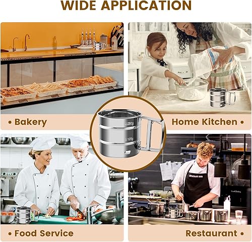 Miniatura 6 de Junreox - Tamiz de harina, tamiz de acero inoxidable de alta calidad para hornear, tamiz de harina de malla fina para hornear, tamiz de manivela con