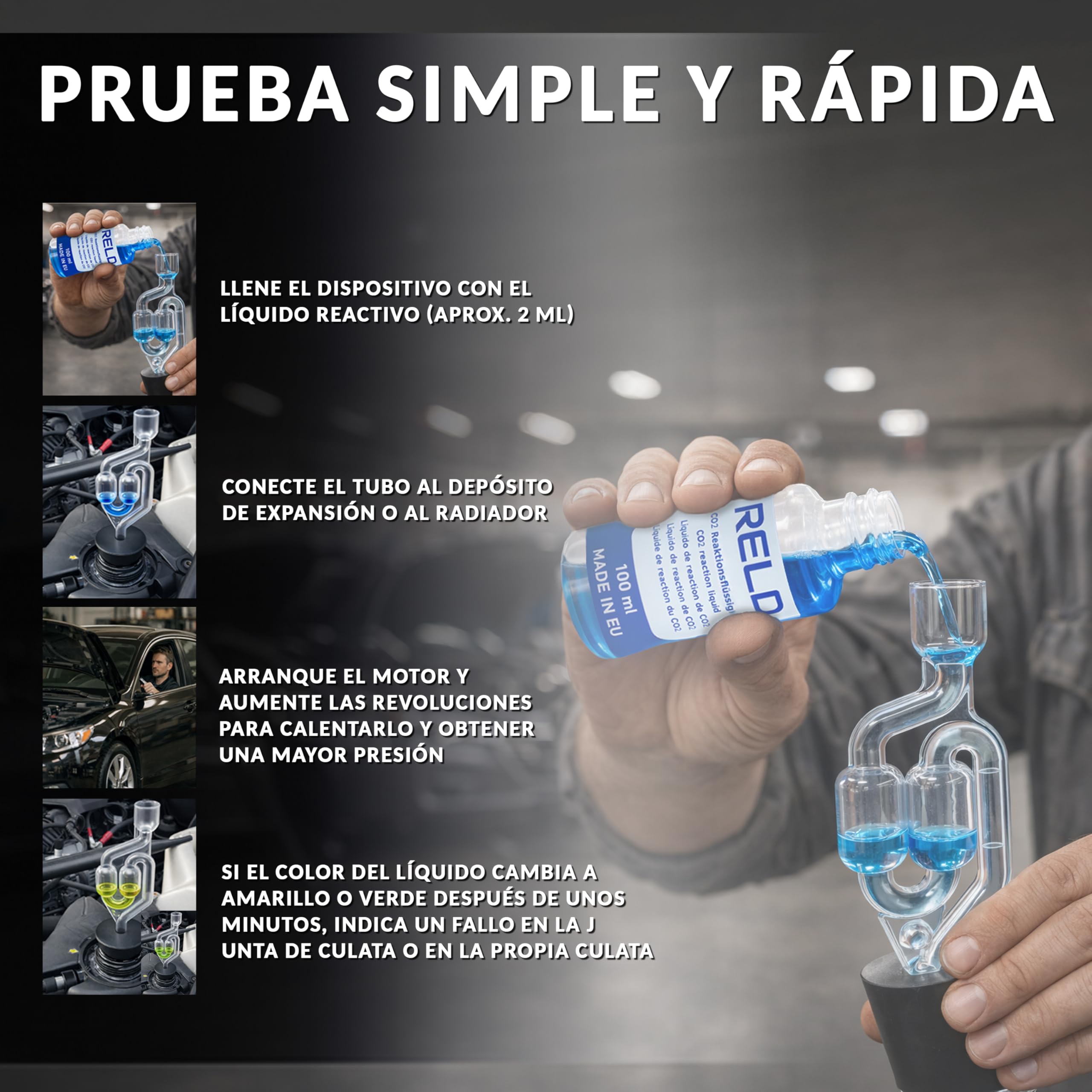 RELD - Detector de Culata Universal para Todos los Coches y Motocicletas, Detector de Fugas de CO2, para 50 Pruebas