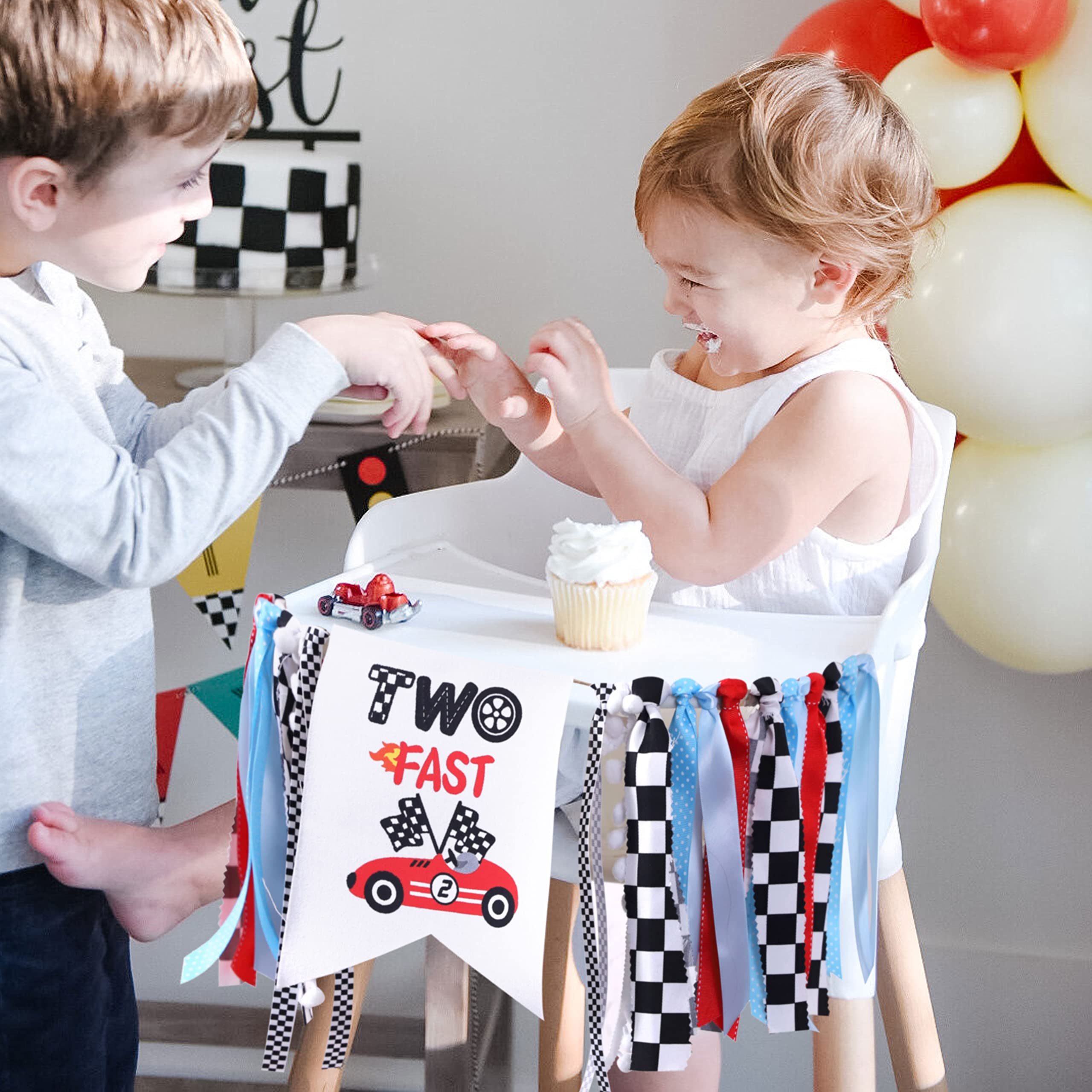 Race Car Two Fast Birthday Party Decorations, Racing Theme 2nd Birthday Decorations For Boys Include Banner Race Car Signs Cake Toppers Checkered Balloons For Two Fast Birthday