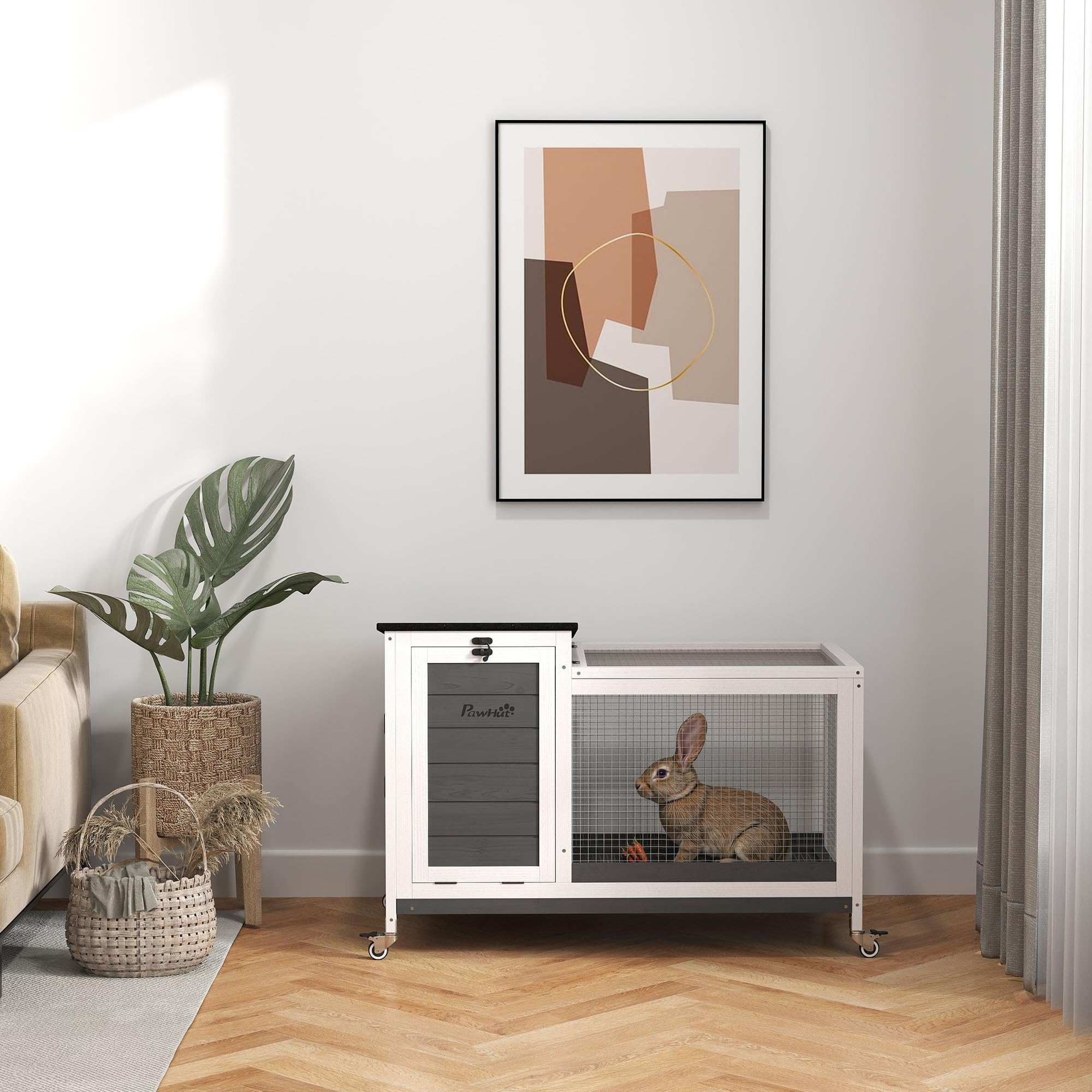 PawHut Conigliera da Esterno e Interno a Rotelle per 1-2 Conigli con Vassoio Estraibile e Ingressi Multipli, Casetta per Conigli in Legno di Abete e Acciaio, 91x51x66 cm, Grigio Bianco e Nero