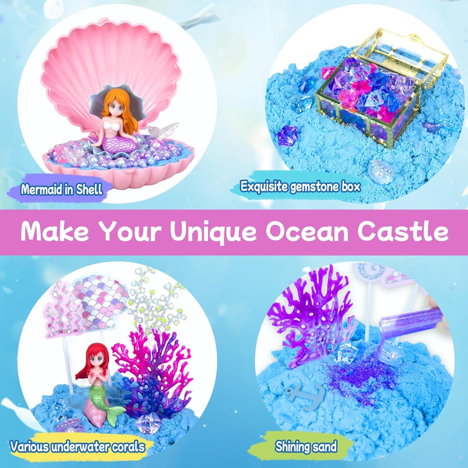 YongnKids Juego de juguetes de arena de sirena, arena mágica, juguete sensorial, juego de arena mágica para niños y niñas, 3, 4, 5, 6, 7, 8 años