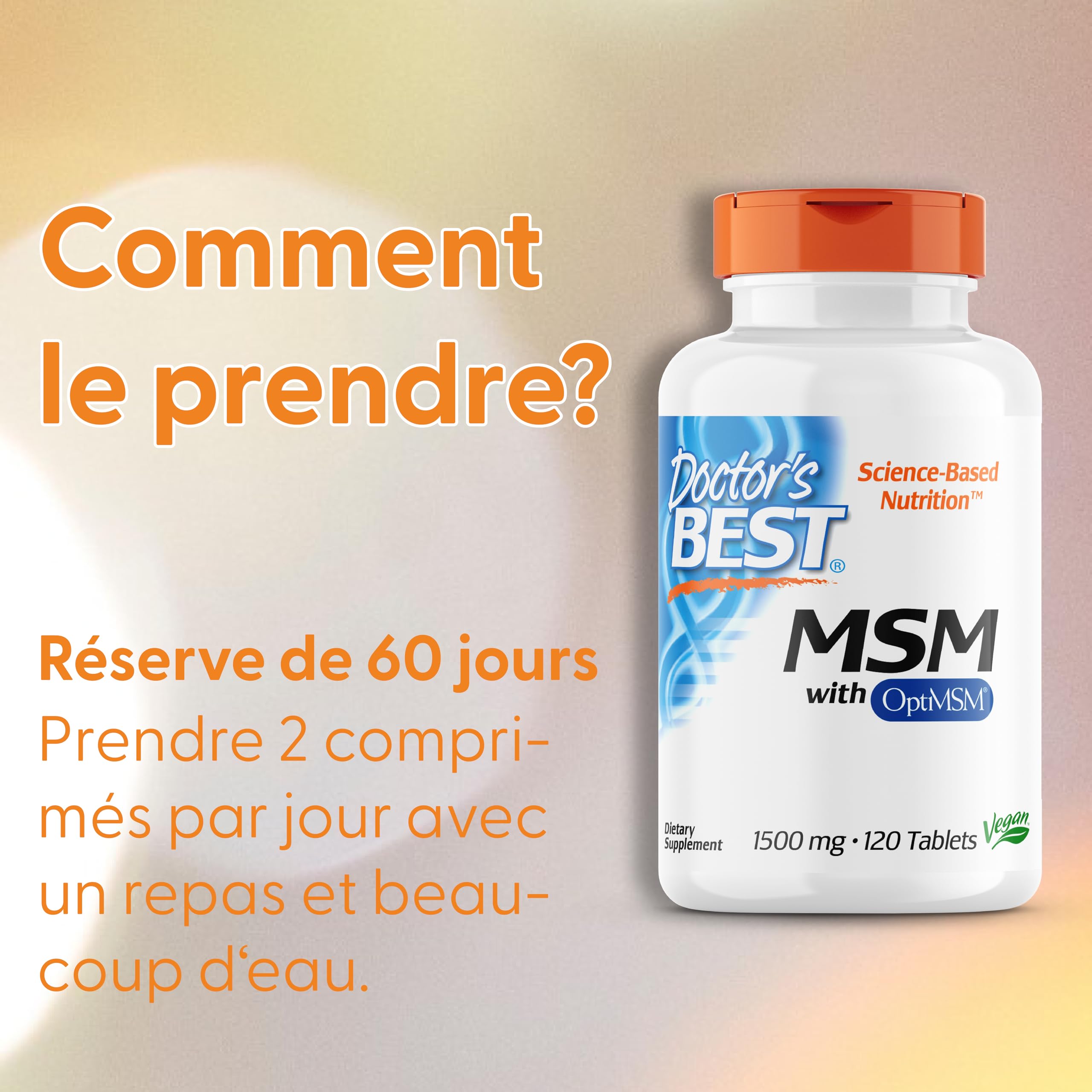 Doctor's Best, MSM, avec OptiMSM, 1.500 mg, 120 Comprimés végétaliens, Hautement Dosé, Testé en Laboratoire, Sans Soja, Sans Gluten, Sans OGM, Soufre Naturel