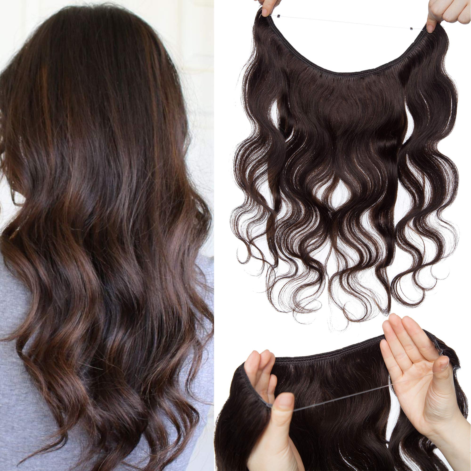 S-noilite Wire Hair Extensions Human Hair with 2 Clips Wavy Secret Wire Hair Extensions with Adjustable Headband 20" 70g Fish Line Hairpieces For Women Adding Volume #2 Dark Brown