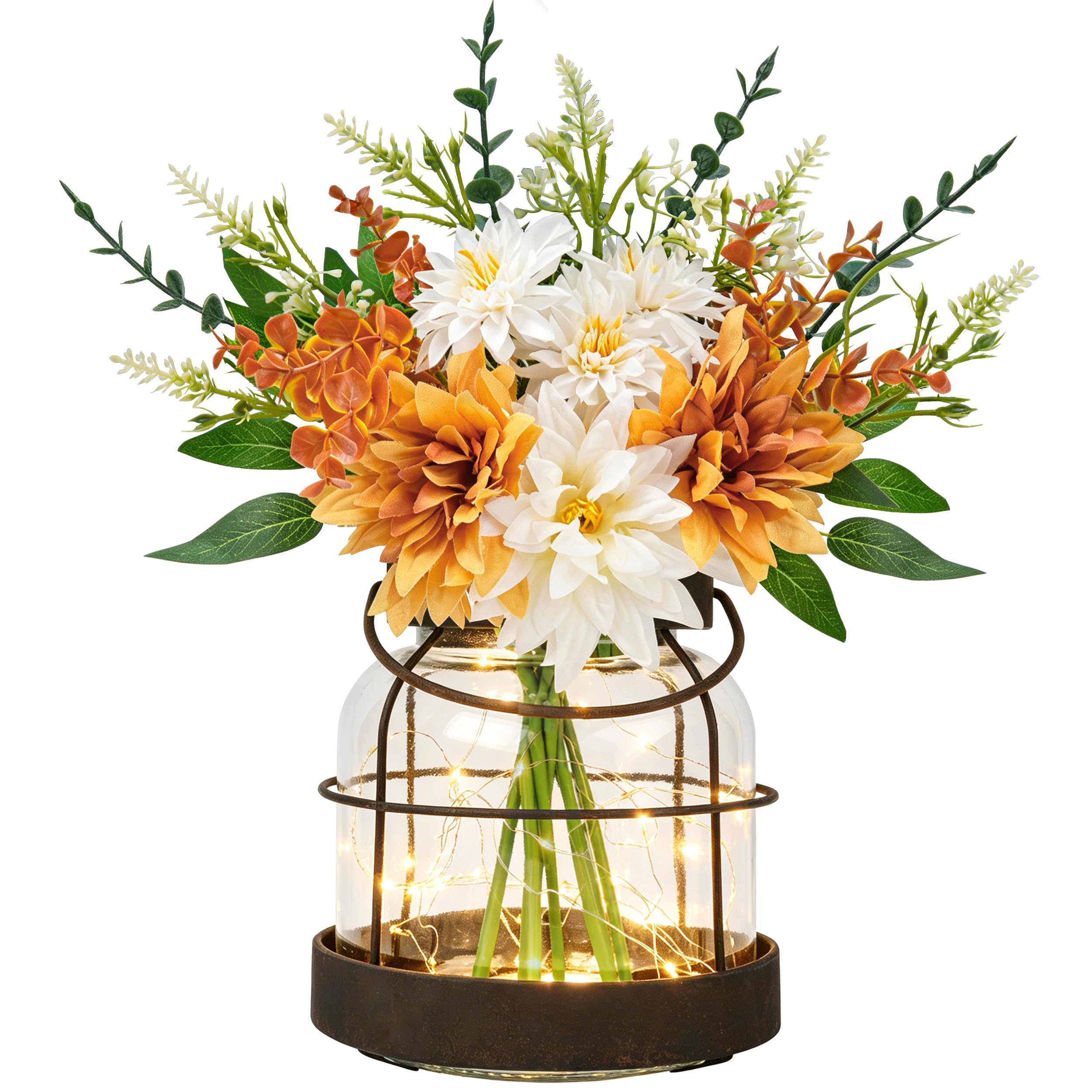 Der Rose Vintage Vase with Fall Fake Flowers & LED Lights for Home Decor