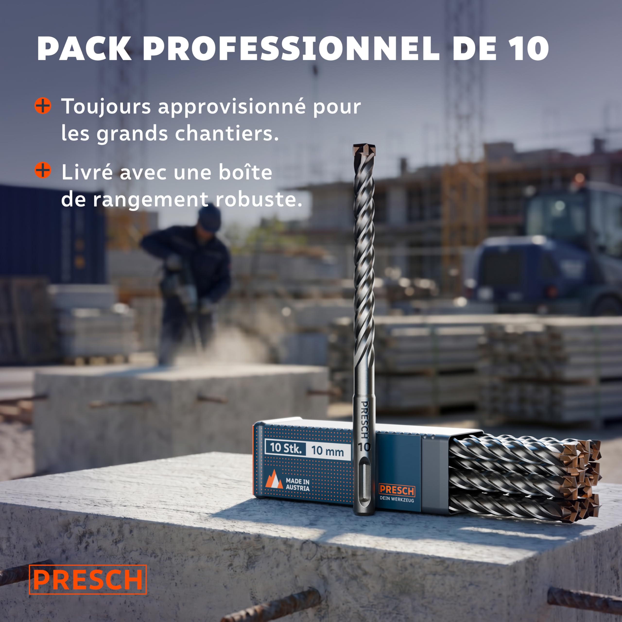 PRESCH Forets Béton SDS plus 10mm (10 pcs) – Mèche béton armé et pierre à 4 taillants carbure – Indicateur de profondeur de perçage – Foret SDS Plus robuste pour granit, brique et maçonnerie