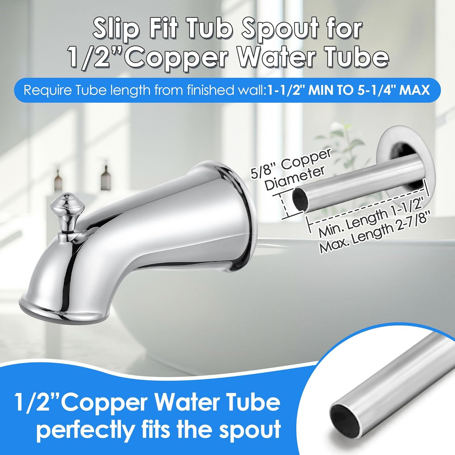 Enhon 6 Inch Slip on Tub Spout with Diverter, Decorative Bathtub Spout with Pull Up Diverter, Fits 1/2" Copper Water Tube(5/8" Diameter), 5/32" Hex Wrench(Polished Chrome)