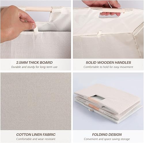 Miniatura 3 de Contenedor de tela plegable de algodón y lino con asas de madera, cubo rectangular, organizador de lavandería para el hogar, contenedor para mantas,