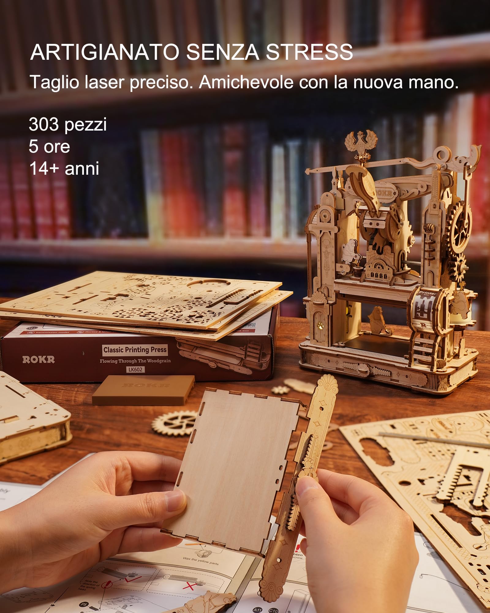 ROKR Puzzle 3D in Legno Kit di Modelli Modellismo da Costruire Adulti, Macchina da Stampa Classica Ingranaggi Meccanici, Regali di Compleanno di Natale, 303 Parti, LK602
