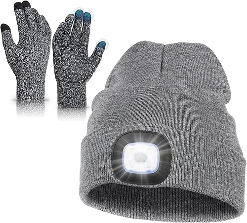 MELASA Juego de gorro LED con guantes de invierno ligeros para hombres y mujeres, sombreros de punto recargables por USB, guantes cálidos con forro