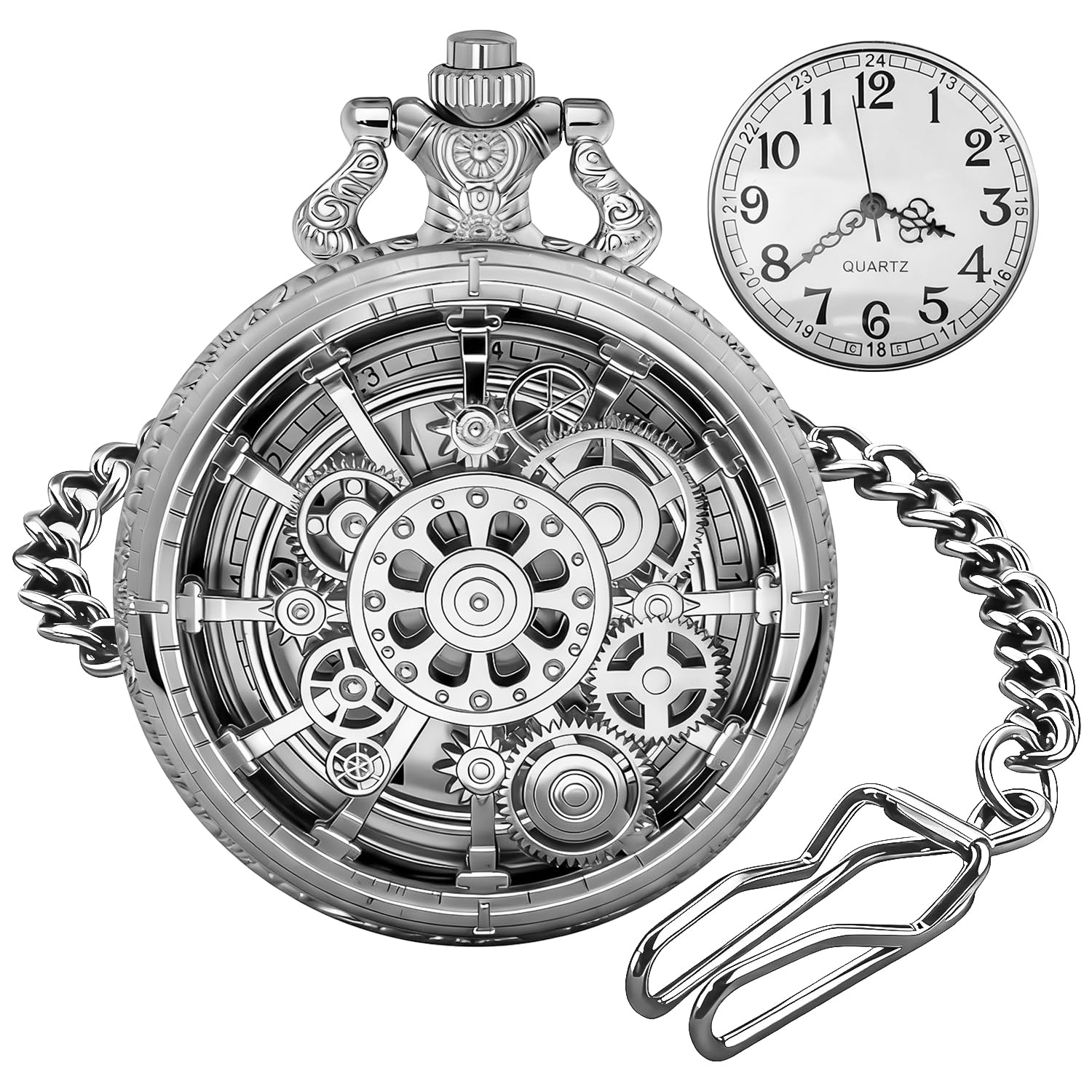 Silver Hollowed-Out Multi-Gear Men's Casual Quartz Pocket Watch with White Arabic Numeral Dial
