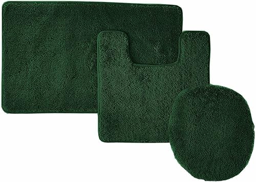 Juego de alfombras de baño sólidas de 3 piezas, color verde cazador, 2 tapetes de baño de pelo alto, 1 funda para asiento de inodoro