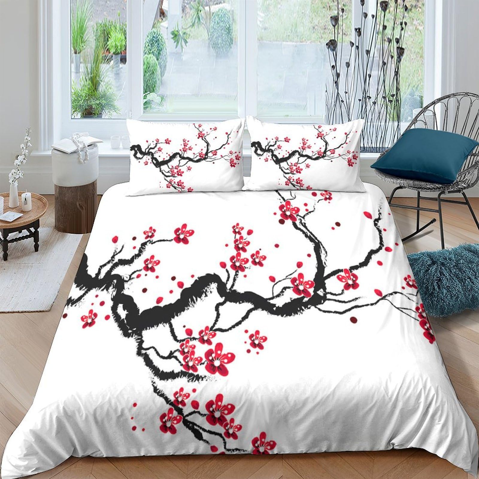 Ctjqhvkz Style-5 3D Printed Plum Blossom Fitted Sheet Microfiber Soft White Cherry Branch Mattress Cover Bedroom Decor Single（135X200cm）
