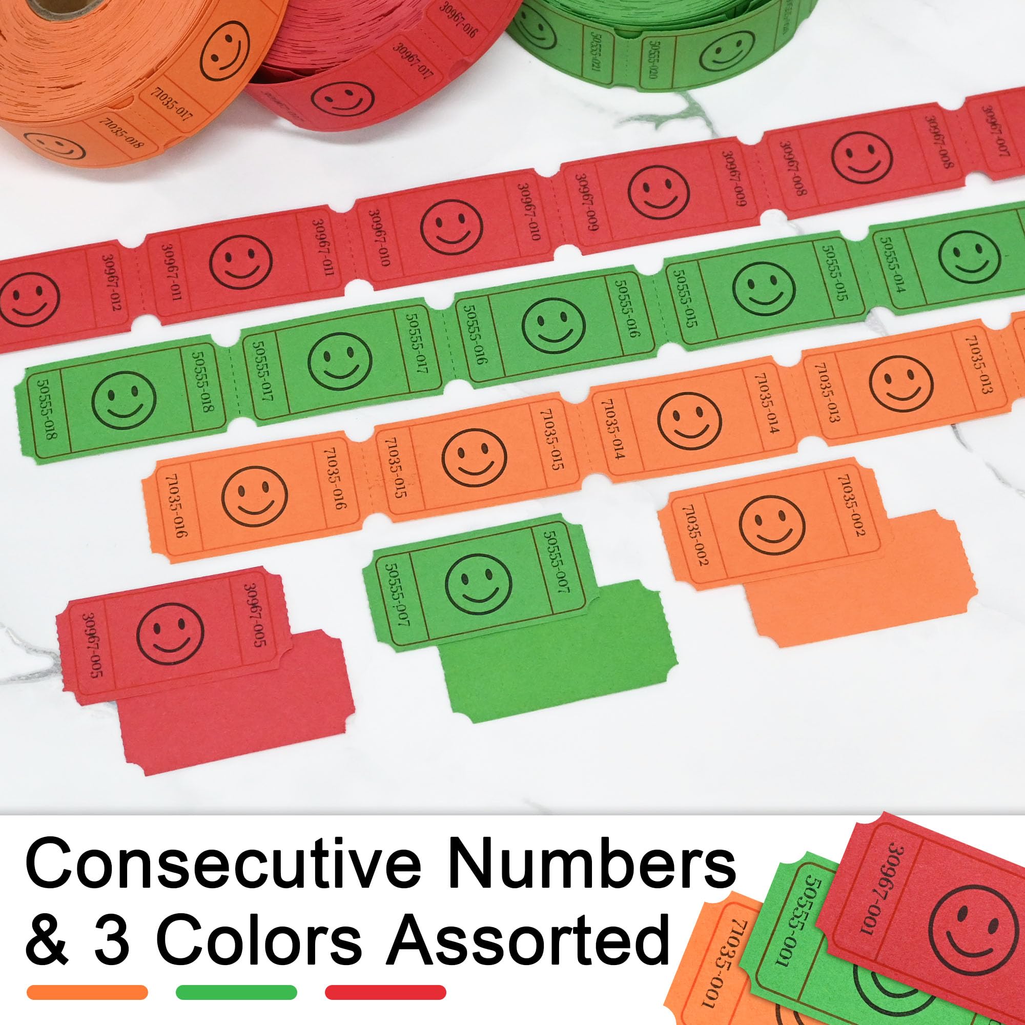 L Liked 1500 Rollos de boletos de rifa, 3 Colores Surtidos, boleto Sonriente de 1 x 2 Pulgadas para Eventos, Entrada, recompensa de Clase, Fiestas, Regalos y premios (Rojo, Naranja, Verde)