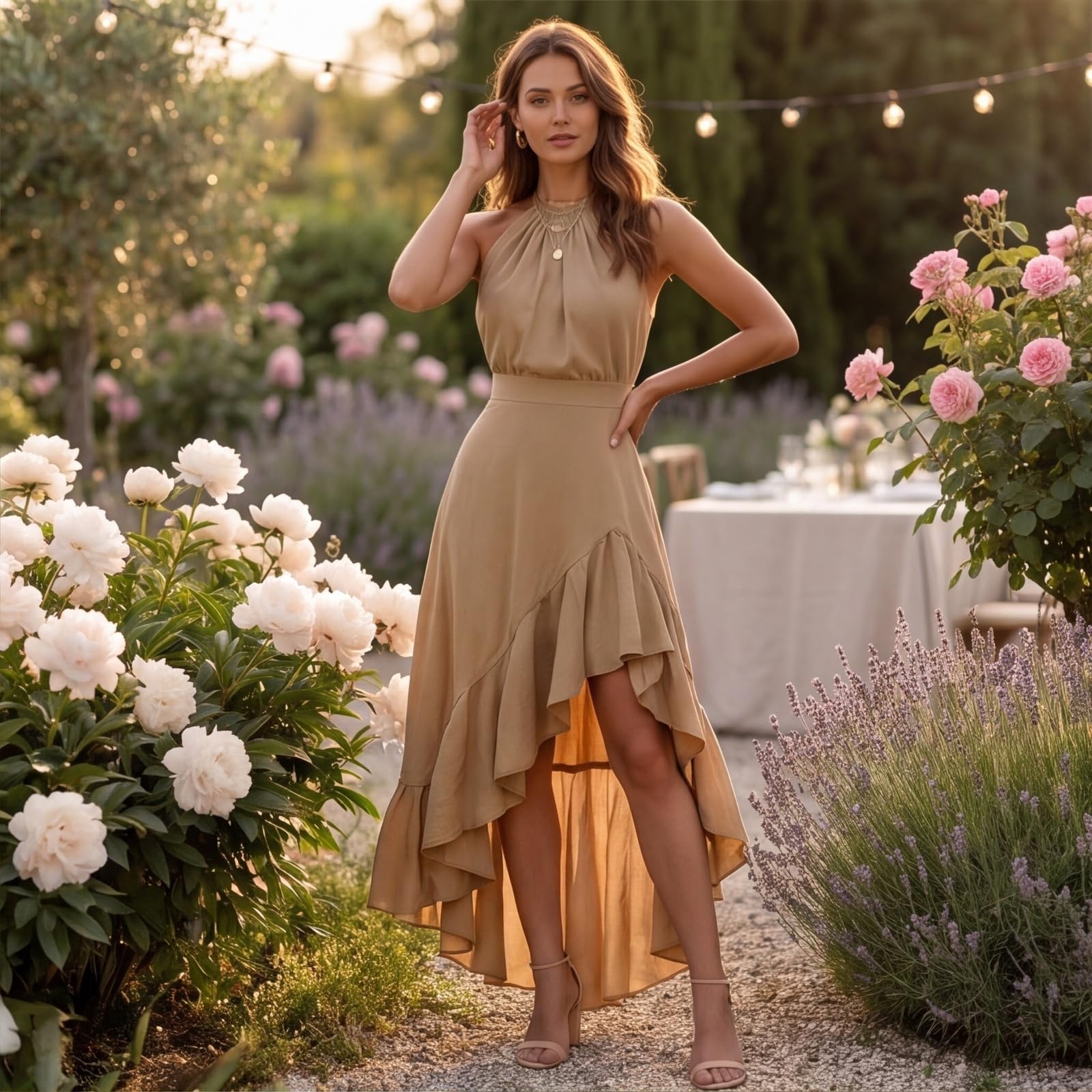 Damen Kleider Elegant Vorne Kurz Hinten Lang Volant Kleid A Linie Chiffon Abendkleid Neckholder Cocktailkleid Hochzeitsgast Festlich Abschlusskleid Tailliert Ärmellos Ballkleider Maxi Rüschen