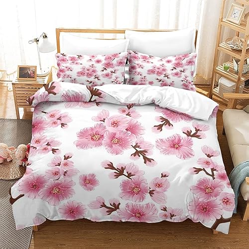 Juego de funda de edredón rosa pálido, rama de Sakura con flores de cerezo tiernas primavera japonesa, juego de ropa de cama decorativo de 3 piezas