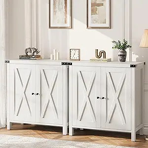 GarveeHome Small Storage Cabinet, Farmhouse Sideboard Buffet Cabinet with 2 Doors and Adjustable Shelves, Accent Entryway Console Cabinets for Living Room, Dining Room (White, 2 Pieces)