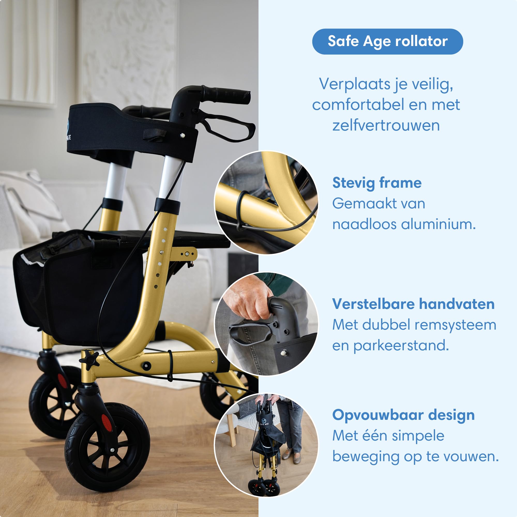 Safe Age Deambulatore leggero e pieghevole - funzione seduta - per interni ed esterni - schienale e supporto bastone da passeggio (oro)