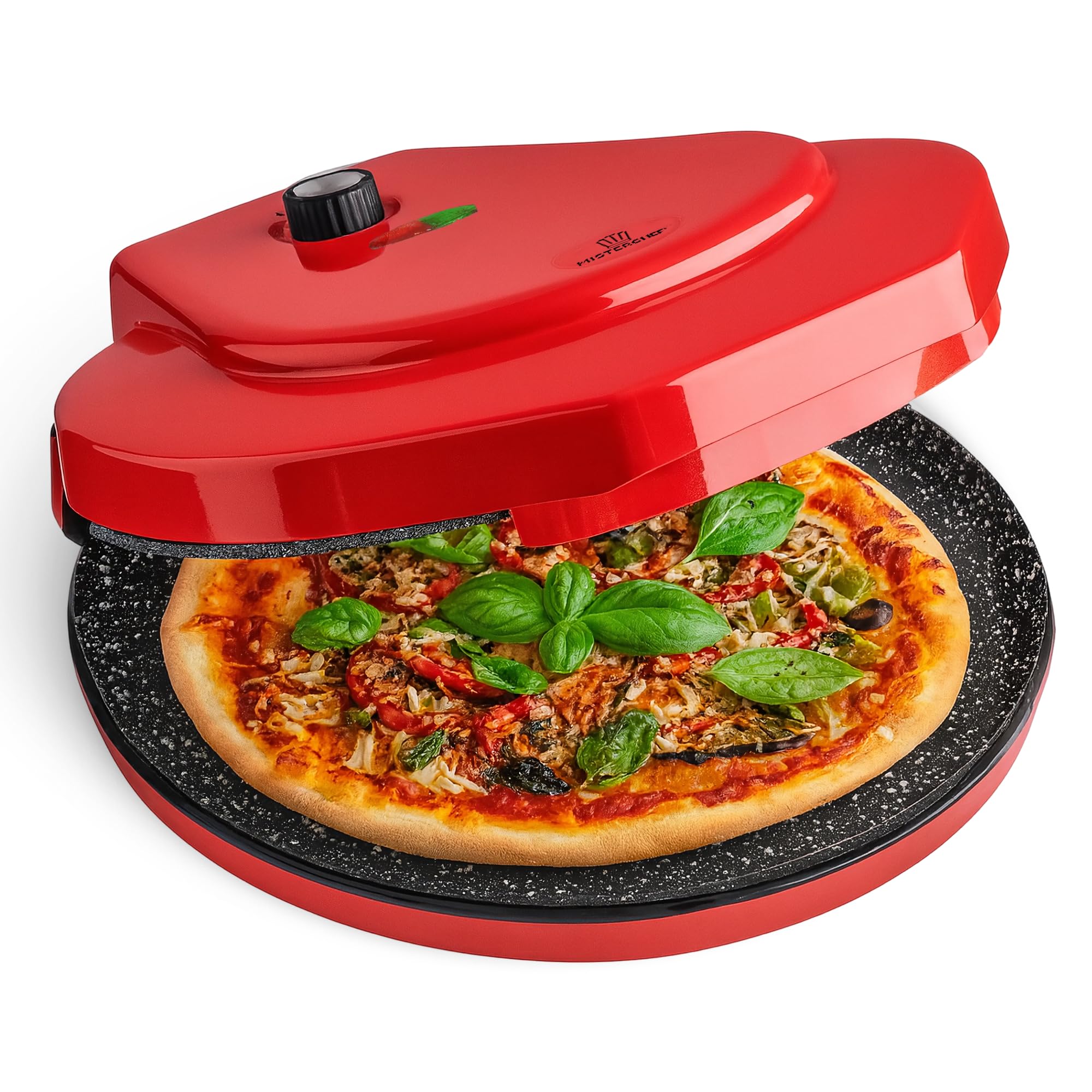 MisterChef® Ceramic Pizza Maker 1450W – Authentic 12" / 30cm Pizza Oven | Dual Ceramic Non-Stick Plates for Even Cooking | Ready in Minutes | Free 100-Recipe Book | Energy Efficient | Black Red