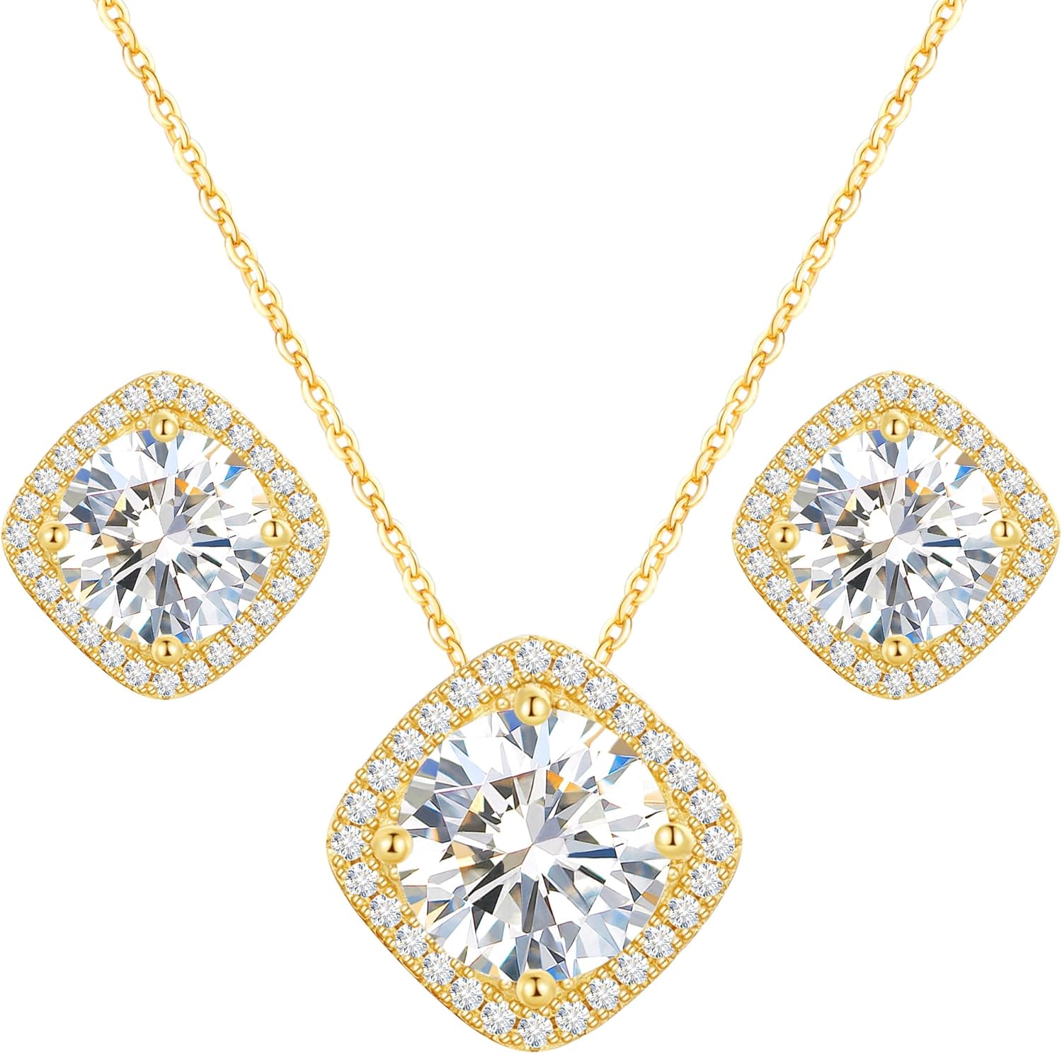 Square Moissanite Earrings and Necklace Set for Women/Men 18K White/Yellow Gold Sterling Silver Moissanite Jewelry Set for Bridal Wedding Birthday Anniversary Party