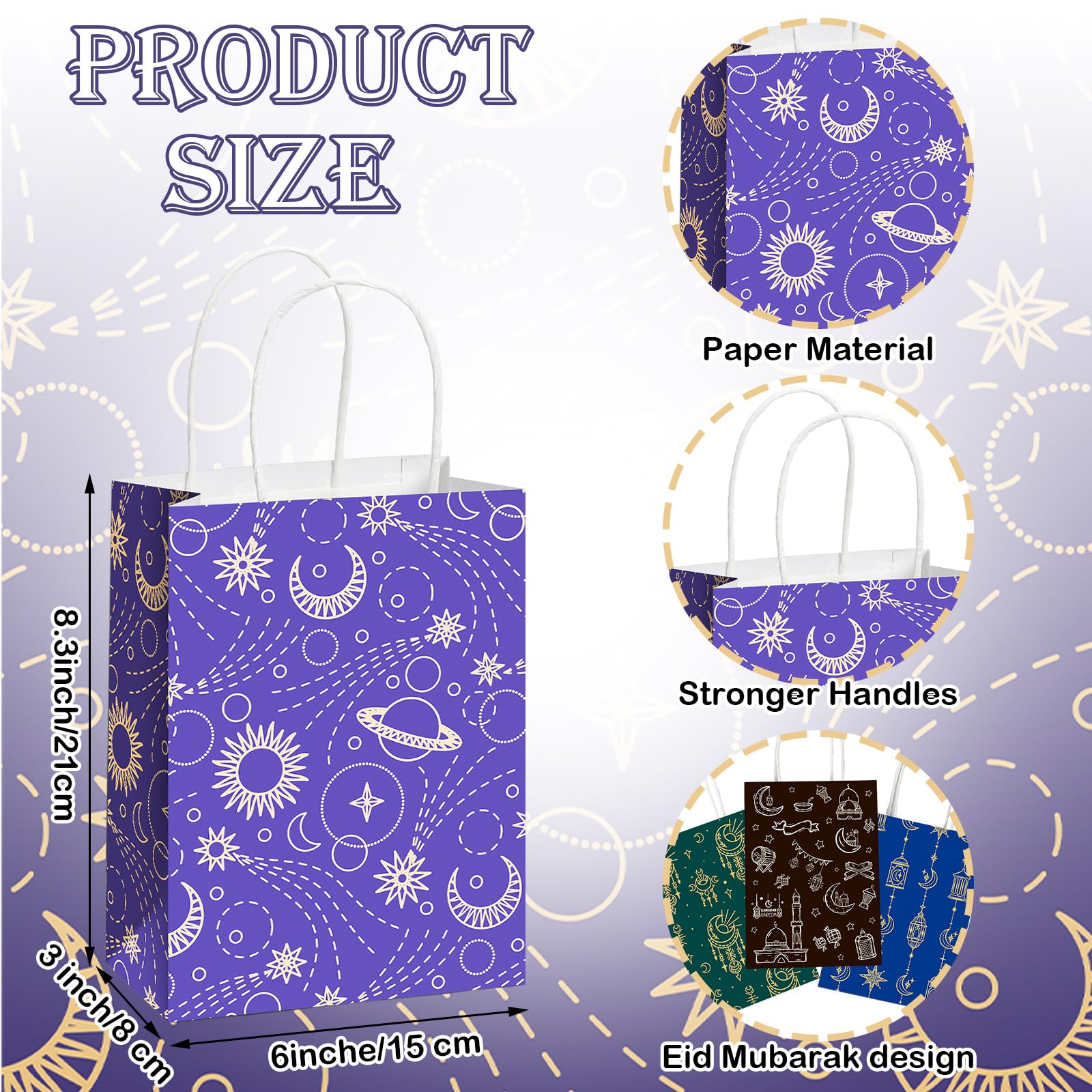 Epakh 24 Pcs Eid Mubarak Paper Gift Bags with Handle Ramadan Goodies Bags Moon Stars Lantern Ramadan Kareem for Islamic Muslim Party Favor Al Fitr Party