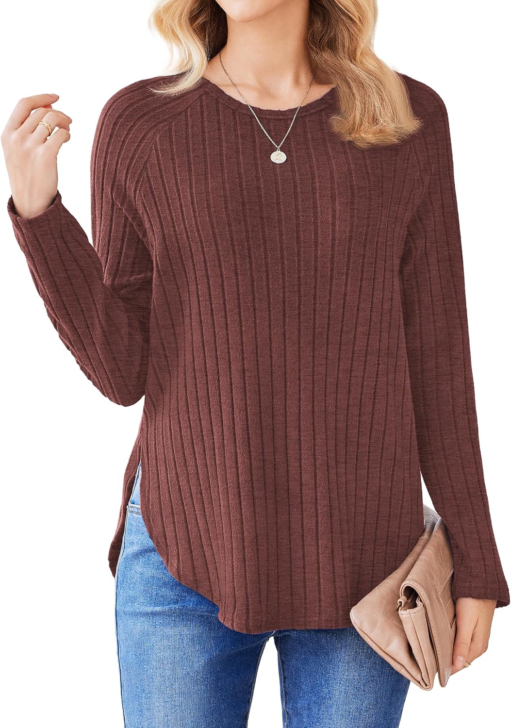 Semilar Women Fall Tops Casual Loose Stretchy Plus Size Pullover Crew Neck Curved Hem Comfy Tunics (RBL,L) Royal Blue Brown Large