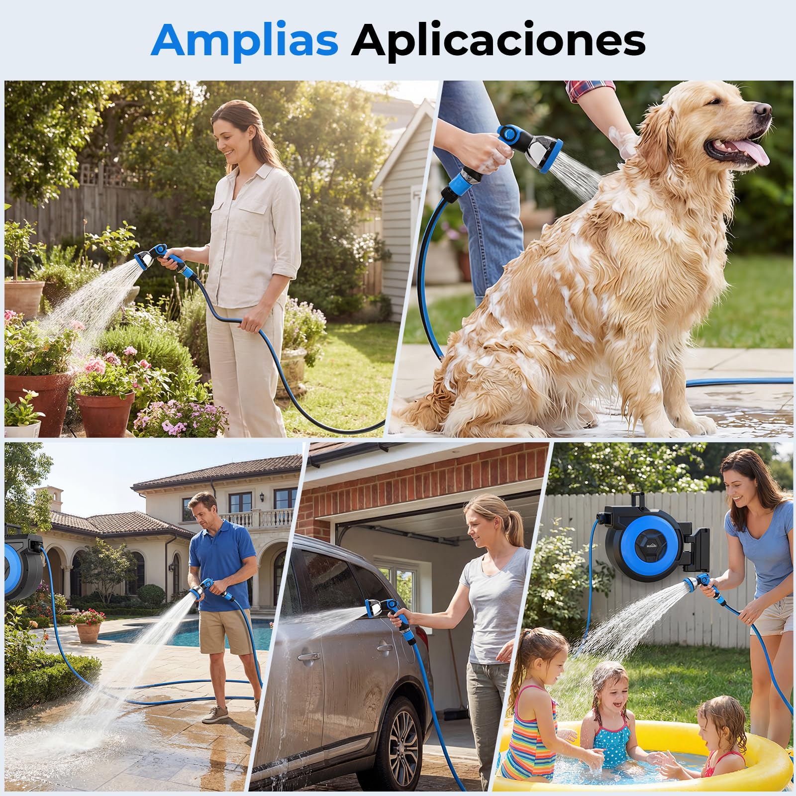 Enrollador de manguera de riego, automático de 30 + 2 m, Girable 180° | 10 Modos de Pulverización | Caja de Manguera para Pared con Enrollado automático