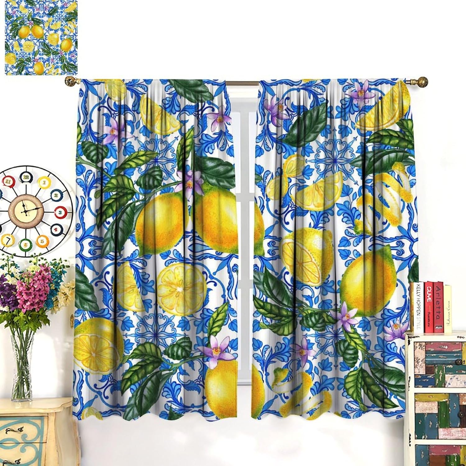 Yellow Lemon Blackout Window Curtains, Modern Plant Green Leaves Cute Fruit Farmhouse Window Drapes, for Living Room Bedroom Kitchen 21(W)*45(L) 2 Panels