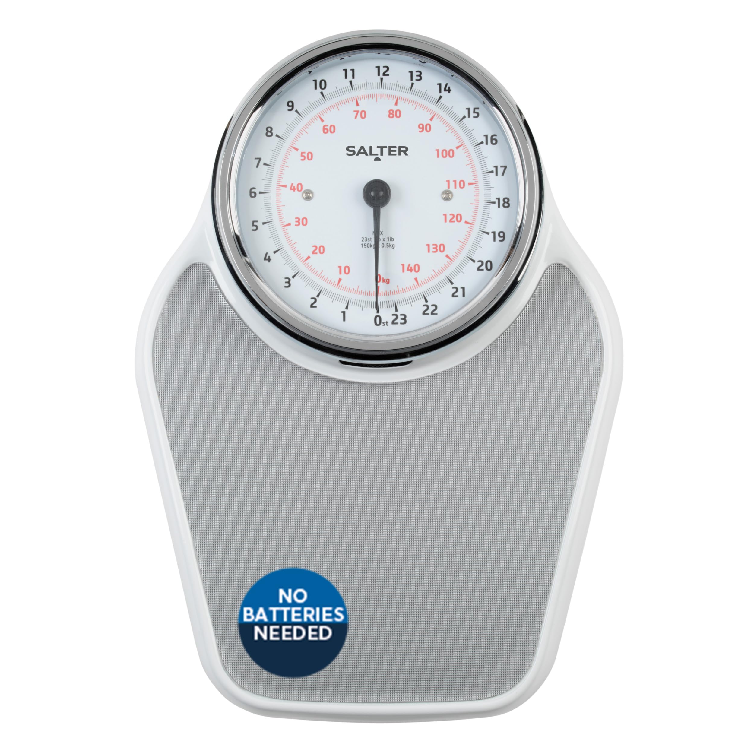 Salter 200 WHGYDR Waga mechaniczna Premium Academy Professional, styl Doctor, maksymalne obciazenie 150 kg, duza tarcza zegarowa ulatwiajaca odczyt, duza platforma, brak baterii, biala/szara