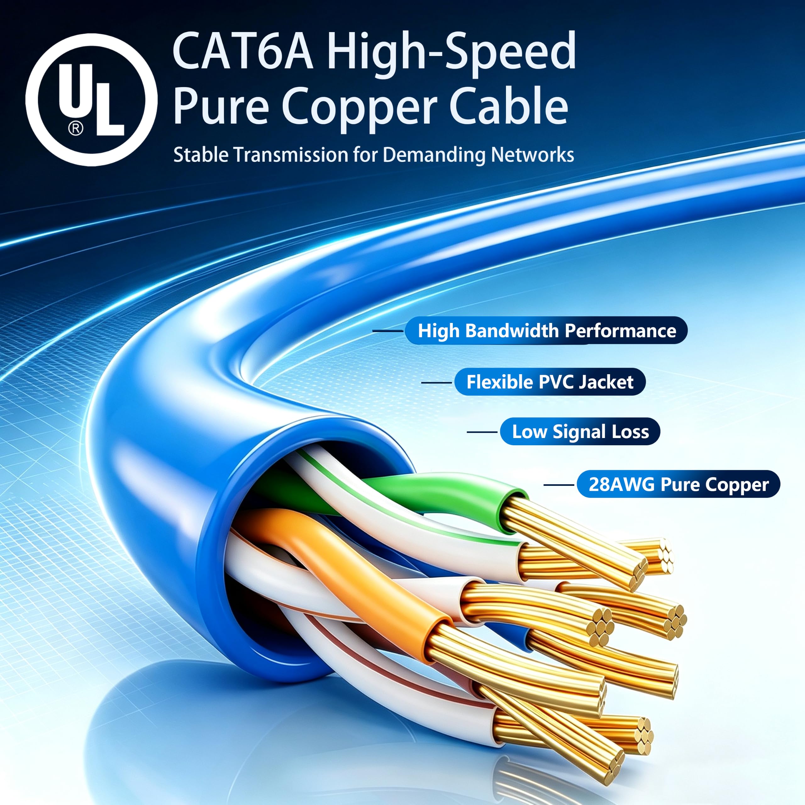 Cat6A kabel Ethernet, 91 cm, wąski kabel krosowy Cat-6A, 10 g, RJ45, UTP, 28 AWG, czysty drut miedziany do panelu krosowego do przełącznika, routera, modemu, 50 sztuk