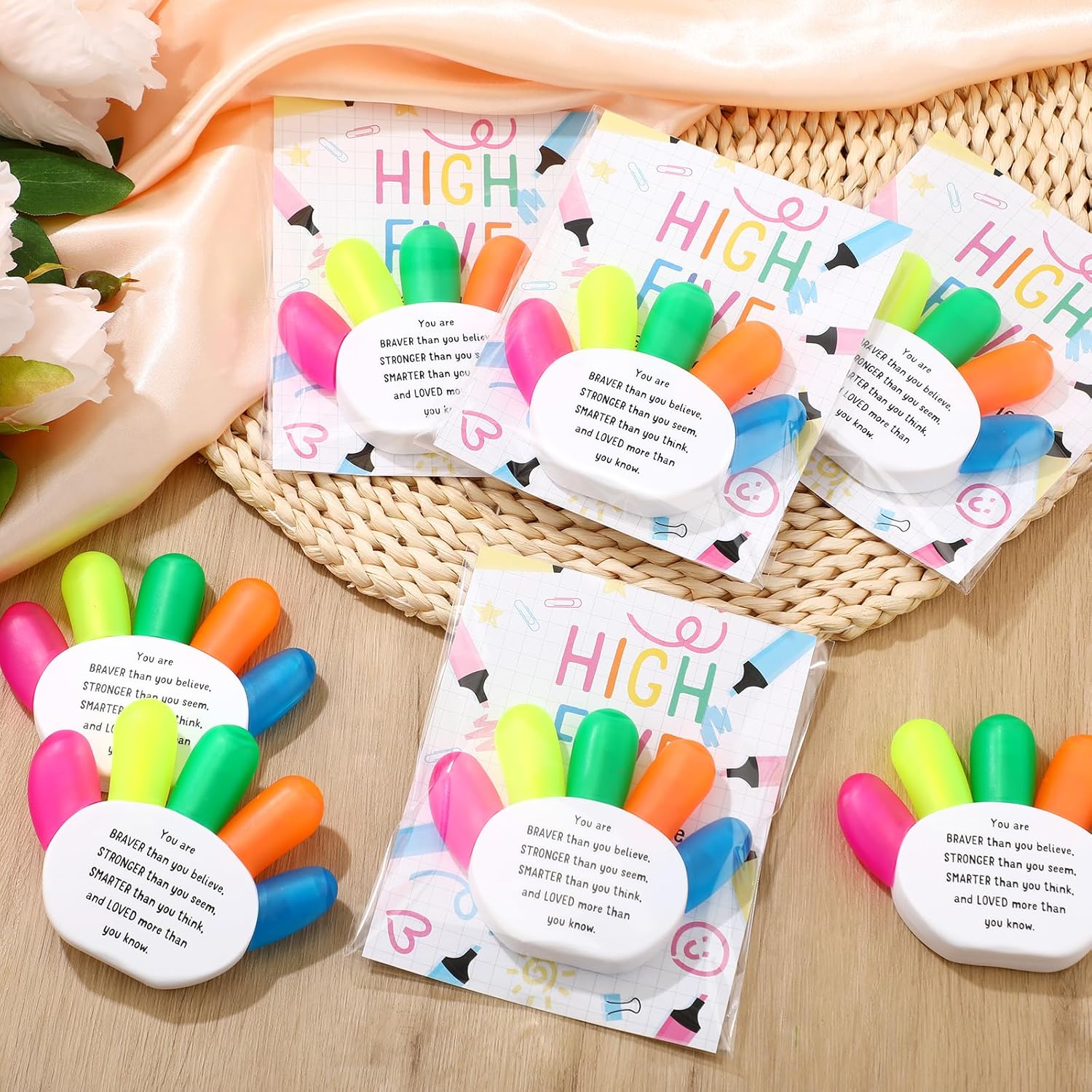 AmazingSpark 24 Sets Hand Finger Highlighters with Motivational Cards Bags 5 in 1 Fluorescent Pens Affirmation Awards