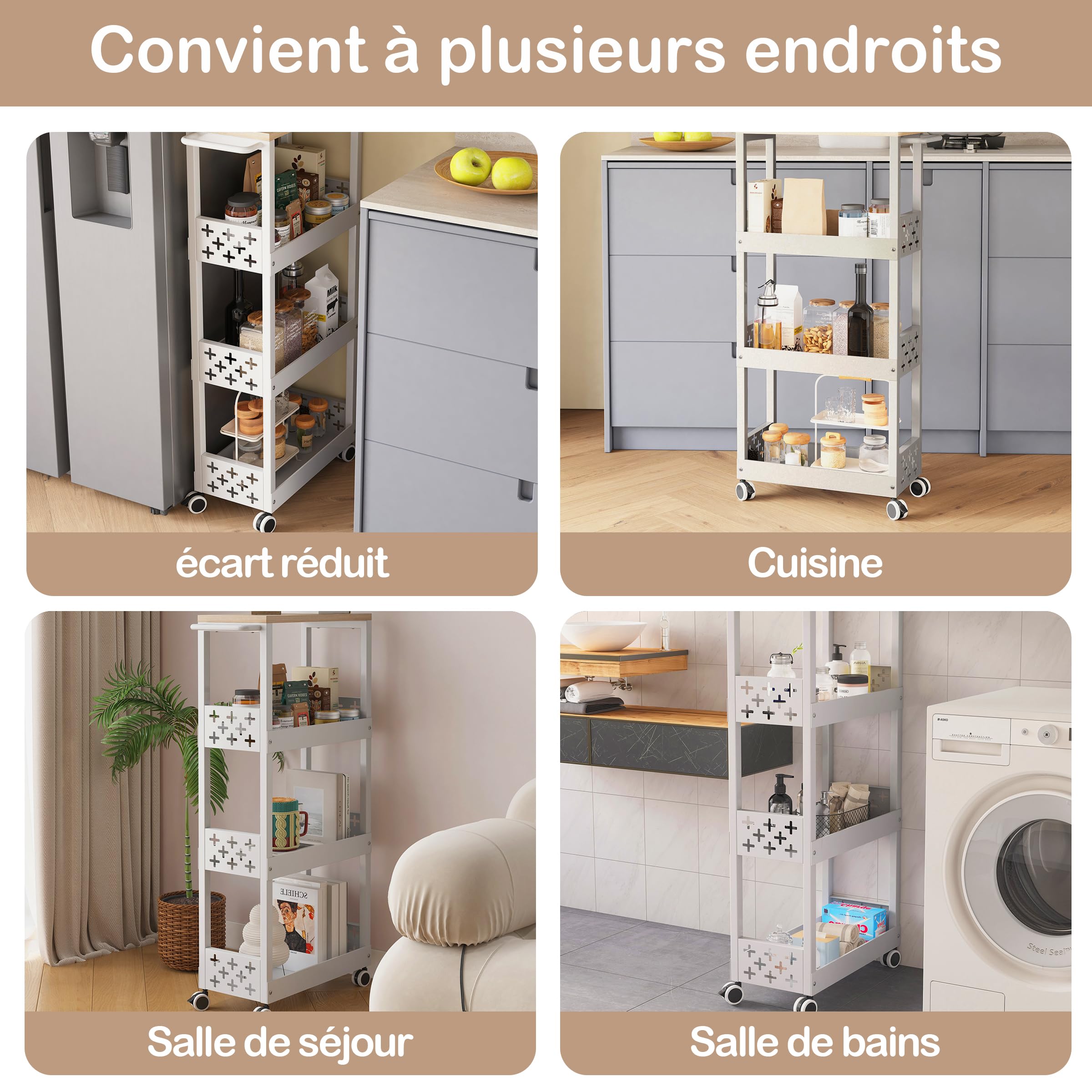 UMDONX Chariot de Cuisine Métal Étroit 4 Niveaux à roulettes, Blanc | Desserte avec Plan de Travail, Étagère de Niche Étroite, Pour Cuisine Bain Salon Balcon
