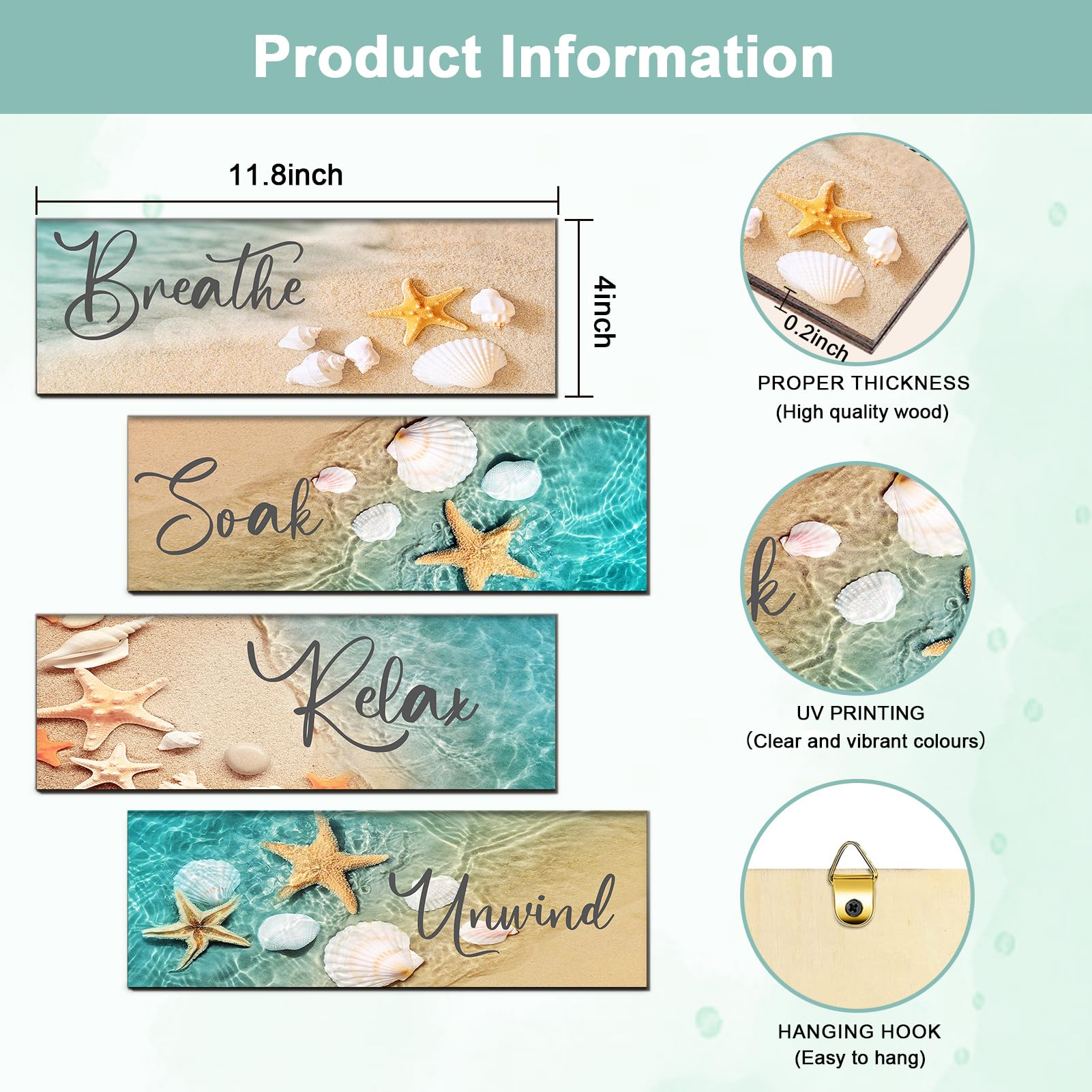 Lnond 4 Pcs Beach Bathroom Wall Decor, Sand Shell Starfish Summer Pictures Wall Decor, Relax Soak Unwind Breathe Wood Hanging Wall Art for Bathroom Spa Room (12 x 4 Inch)
