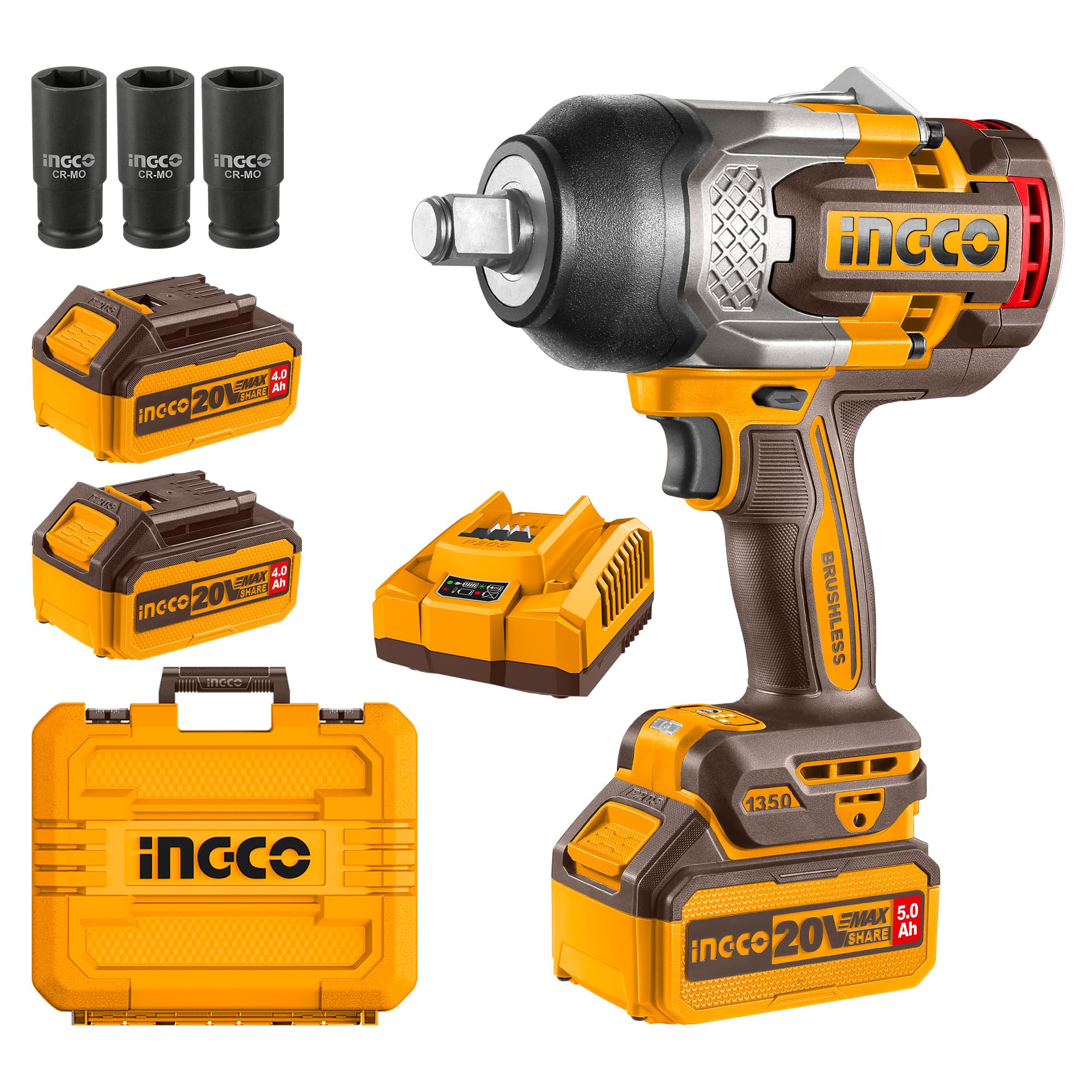 Ingco 3/4 Inch High Torque Impact Wrench 1350NM, 20V Brushless Motor, Max Speed 1800RPM Battery Impact Gun with 2Pcs 5.0Ah Battery and 1Pcs Charger, with 3 Sockets for Truck, Car, Home CIWLI20135