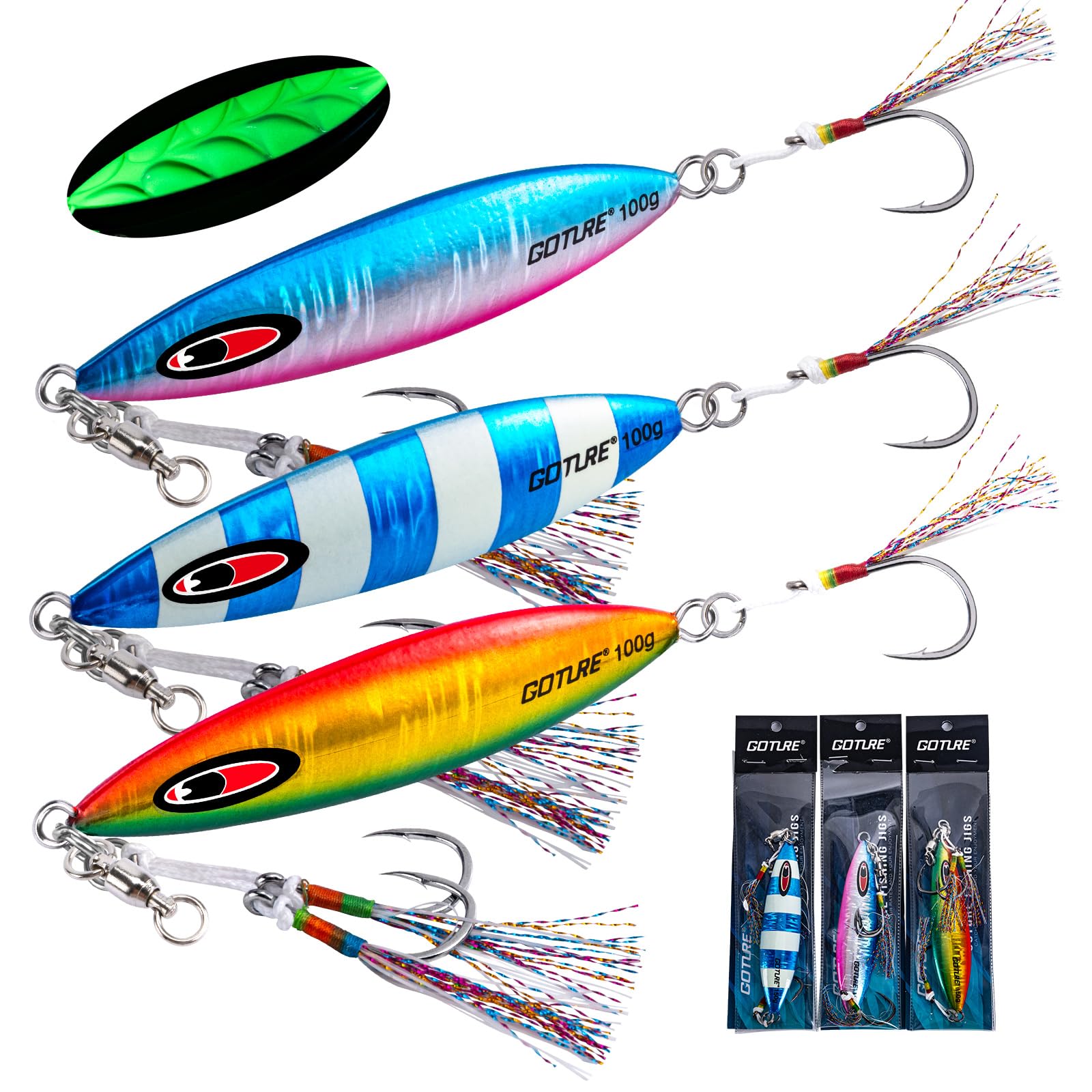 Goture Slow Flat Fall Luminous Lead Vertical Saltwater Artificial Lure Jig Fishing Lure with Two Assist Mustad Hook for Tuna Kingfish Bass Salmon