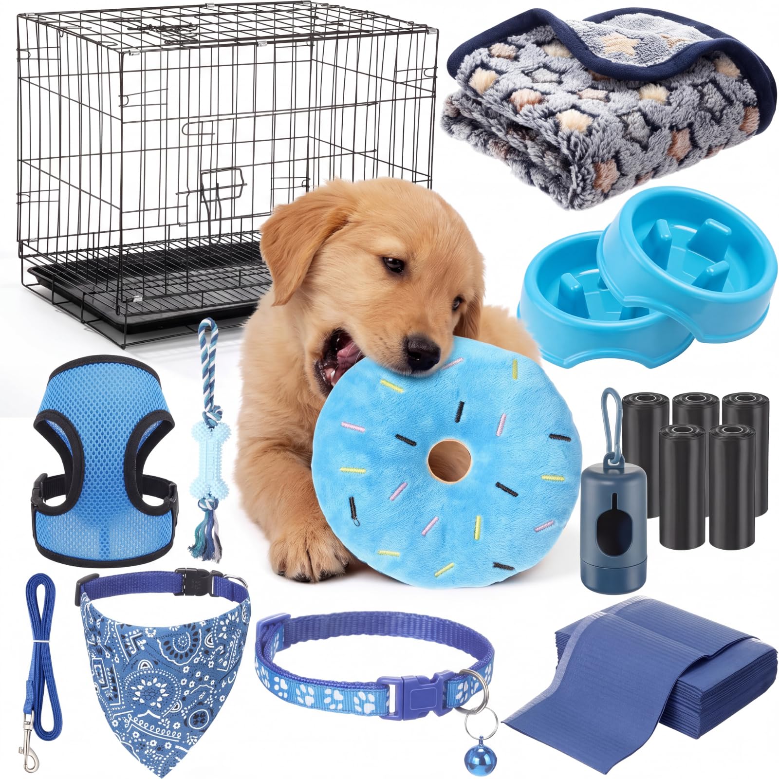 SmoothNovelty Kit de iniciación de 35 piezas para cachorros para perros pequeños, regalo esencial para cachorros, incluye jaula para perro, correa, cuencos, manta, juguete para masticar y más