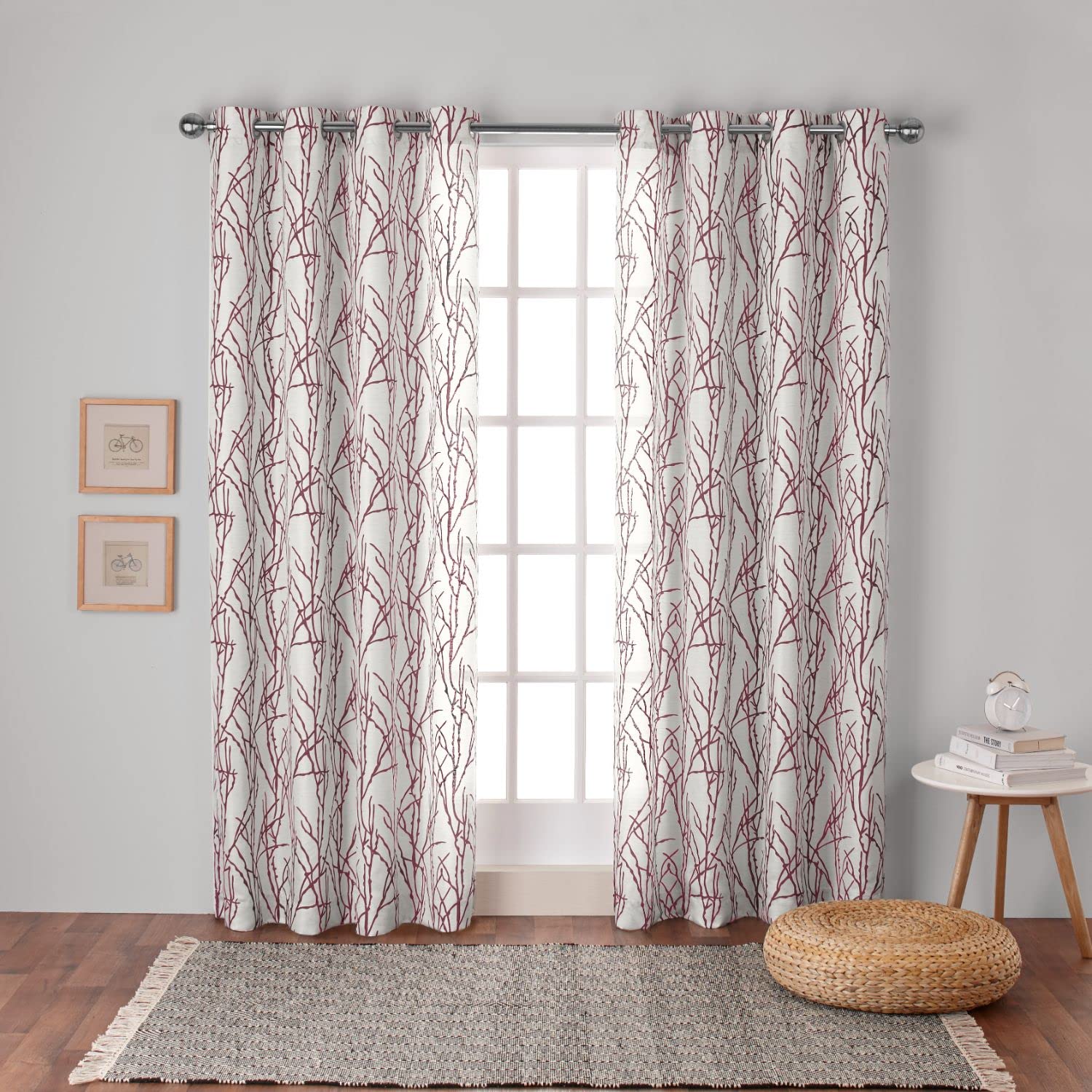 Exclusive Home Branches Linen Blend Grommet Top Curtain Panel Pair, 54X84, Burgundy