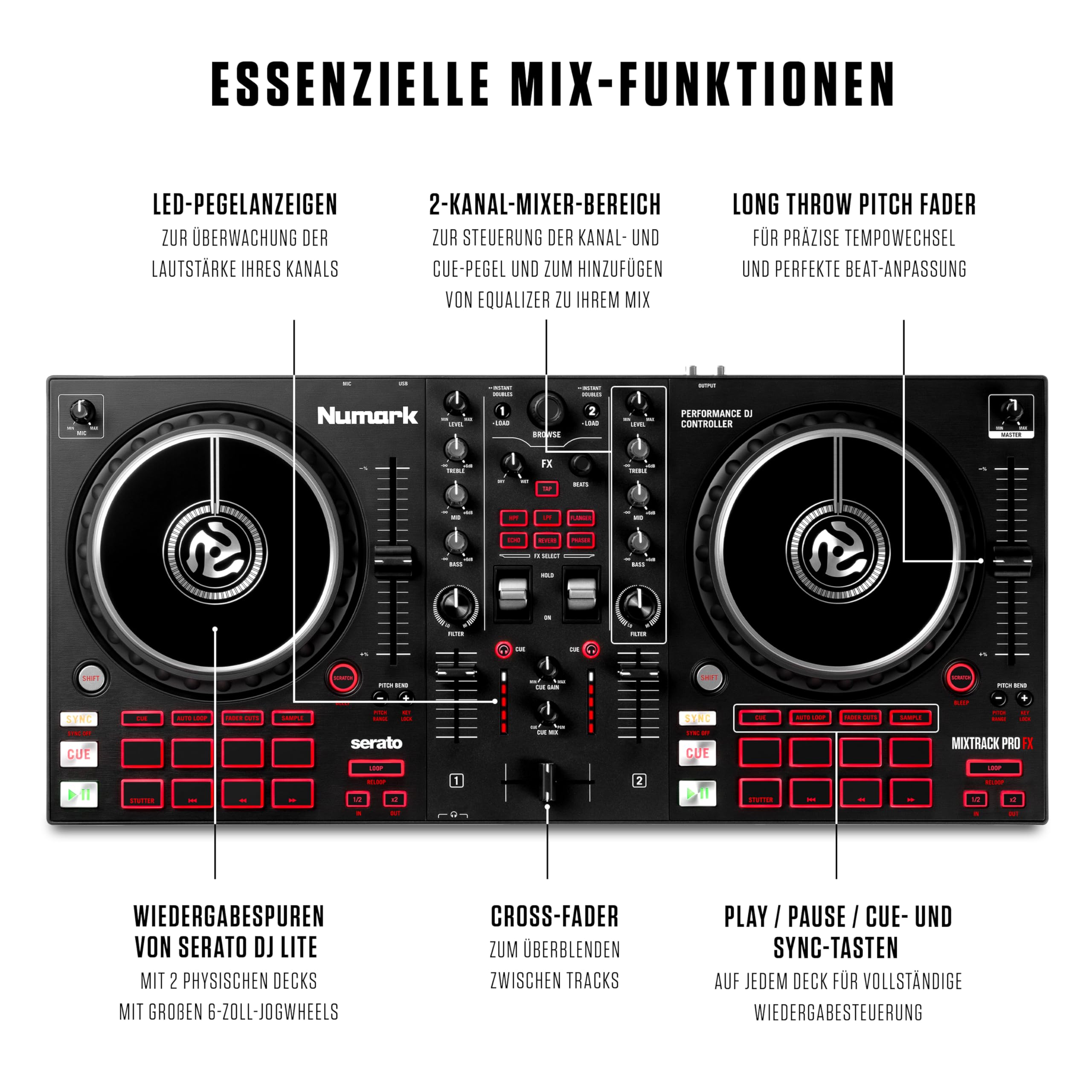 Numark Mixtrack Pro FX DJ Controller Pult mit 2-Deck Kontrolle, Integriertem Audio Interface, Jogwheel-Displays und Effektpaddeln, Serato DJ Enthalten