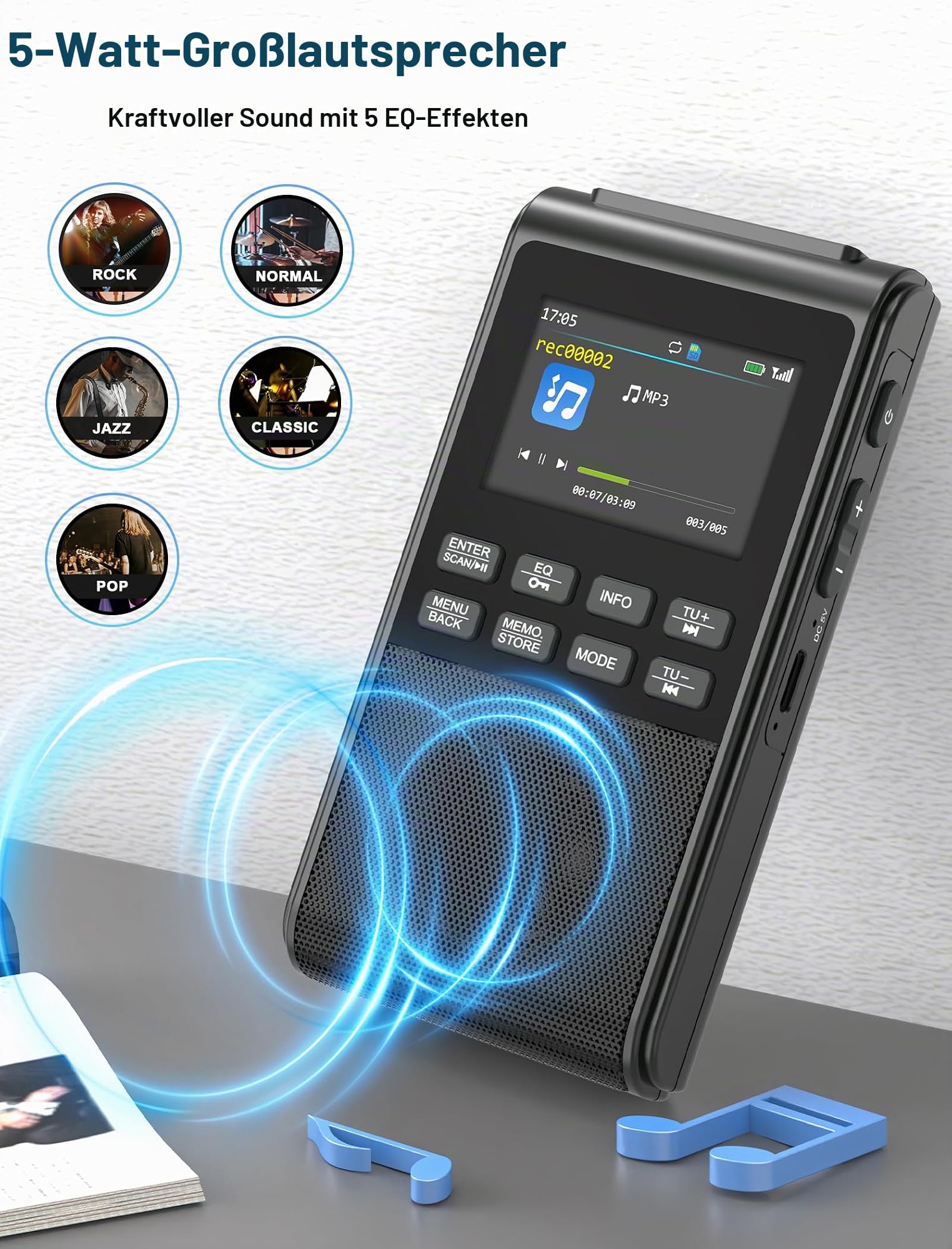 Tragbares DAB-Radio mit Bluetooth 5.3, wiederaufladbares, batteriebetriebenes FM-Radio, klein, Dual-Alarmuhr, DAB+ Digitalradio mit Farbdisplay, großer 5-W-Lautsprecher, unterstützt SD-Karte und