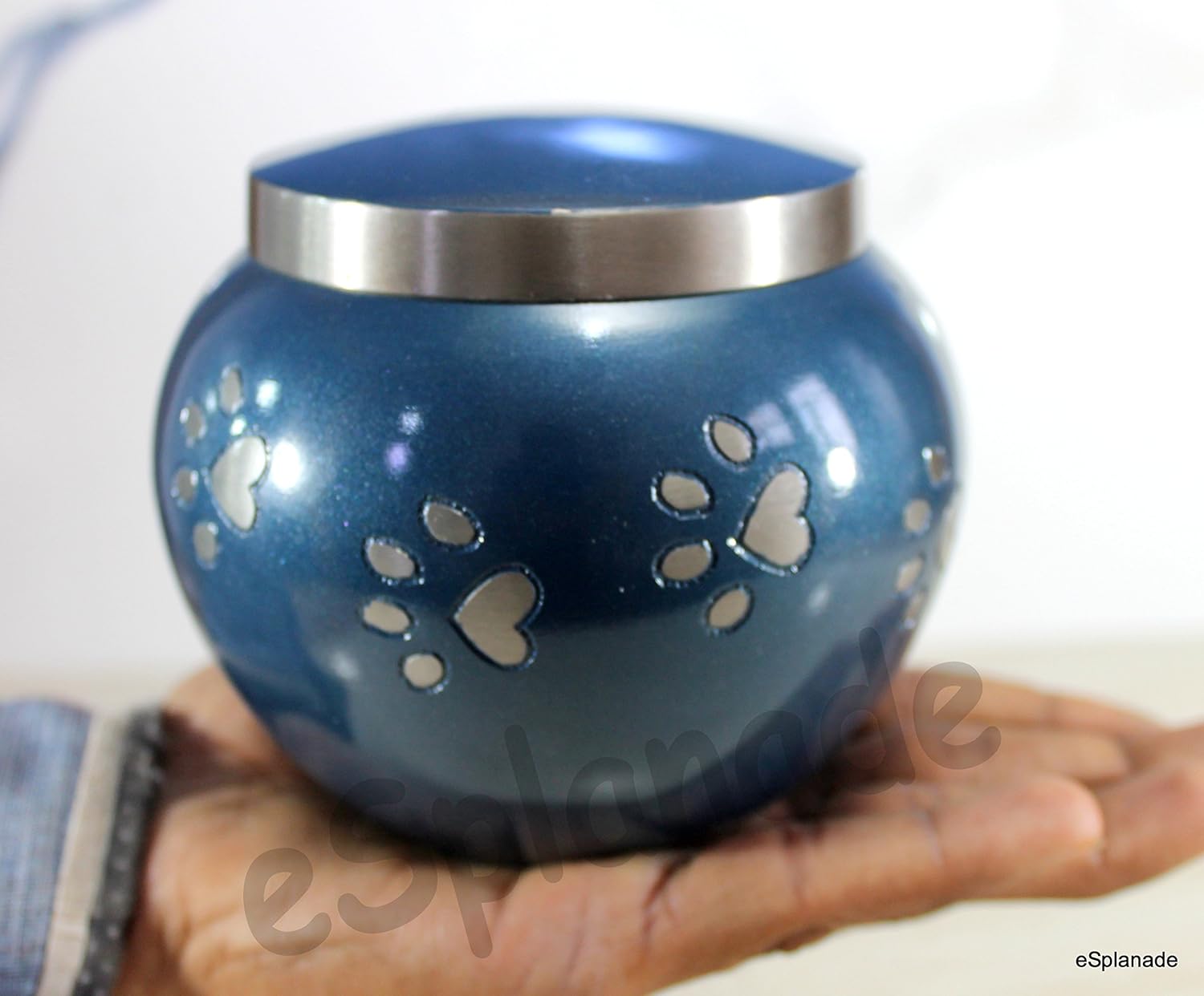 eSplanade Pet Cremation Urn Memorials Container Jar Pot | Brass Urn | Metal Urn | Burial Urn | Memorials Keepsake | Pet Dog Cat Urn (Blue)