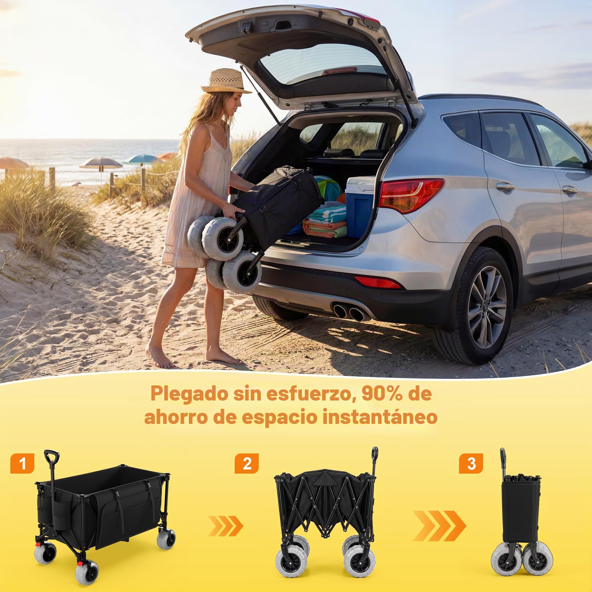 Devoko Carro Playa Plegable con Ruedas Todoterreno 200L 150 kg,Carrito Playa de PU extraanchas 21,5x10 cm, Carro para la Playa | asa Ajustable giratoria 90°para Playa,Camping,Compras(Negro)