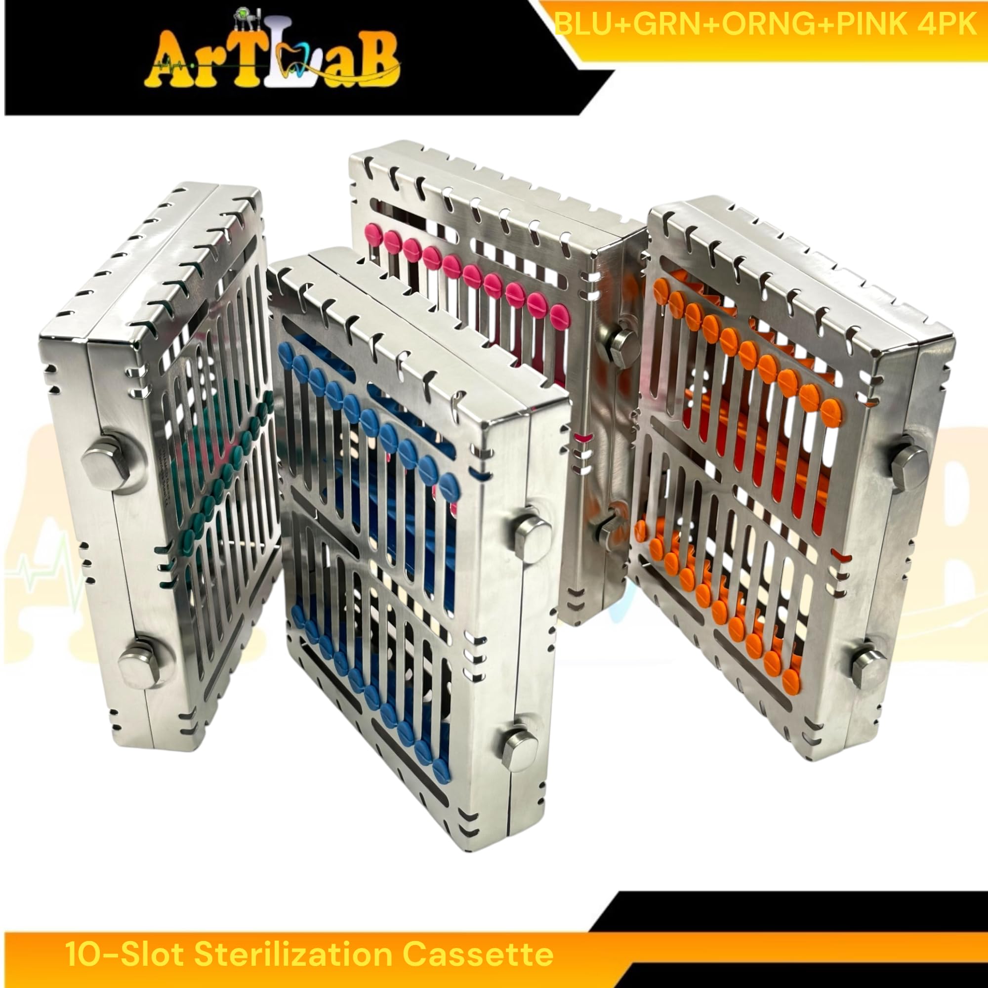 4 Pack - Sterilization Cassettes with Detachable Lid & 2-Button Locks, 7