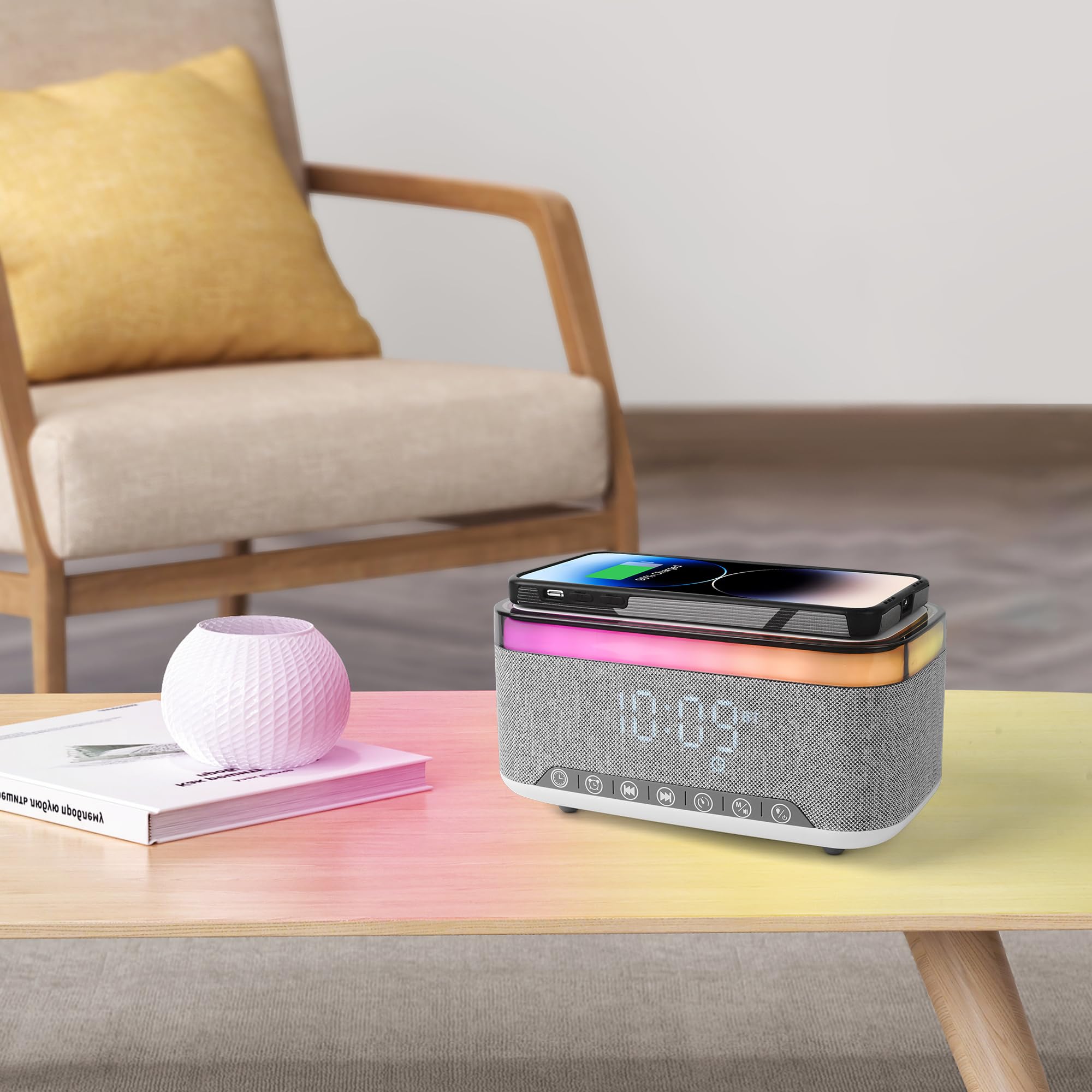 Lampe de charge sans fil, Veilleuse RVB multifonctionnelle, Station de charge sans fil, Haut-parleur Bluetooth, Réveil numérique pour chambre/camping/décor de salon